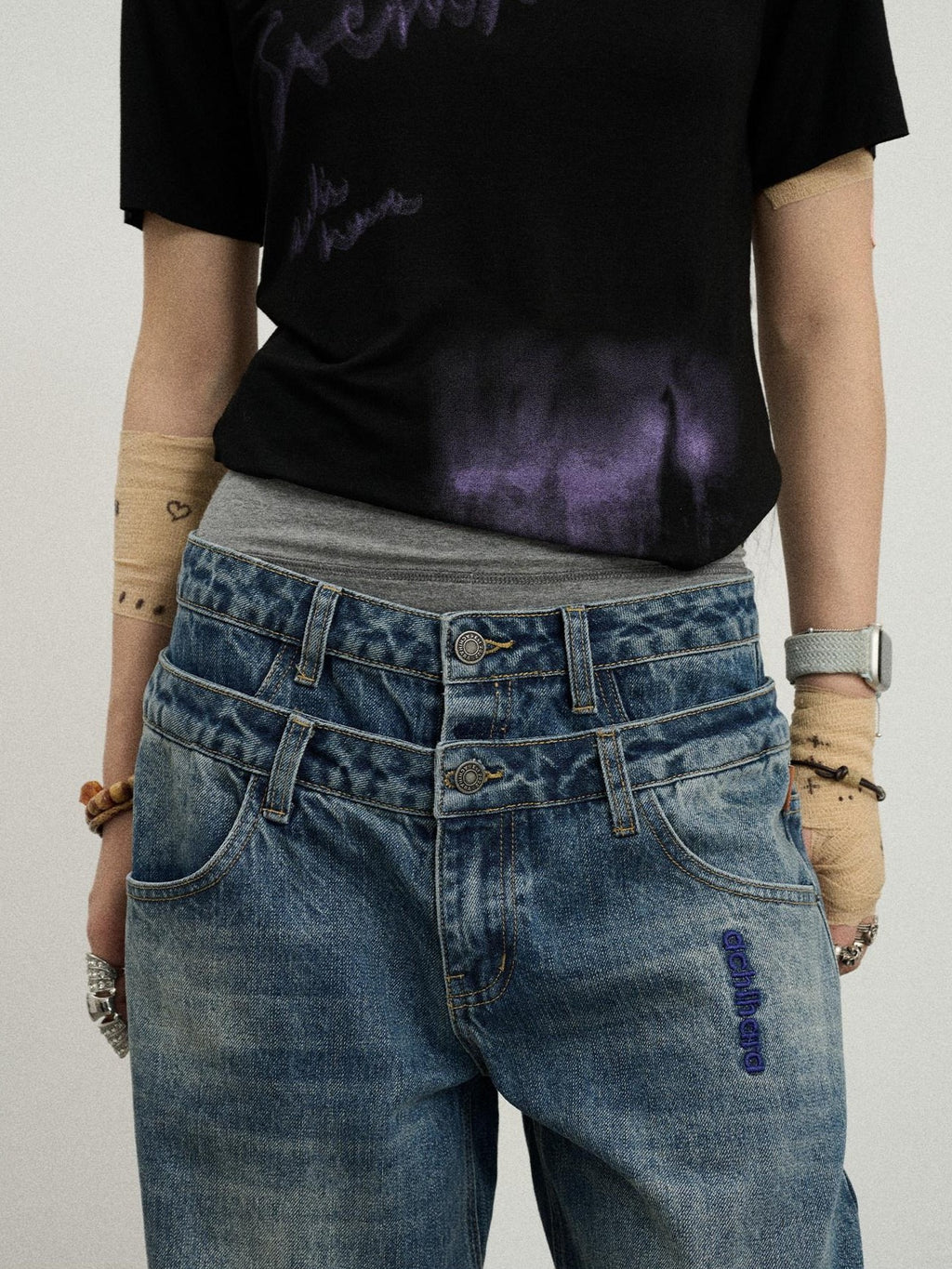 Achihara Vintage Washed Blue Double Layer Distressed Ripped Women'S Wide-Leg Jeans
