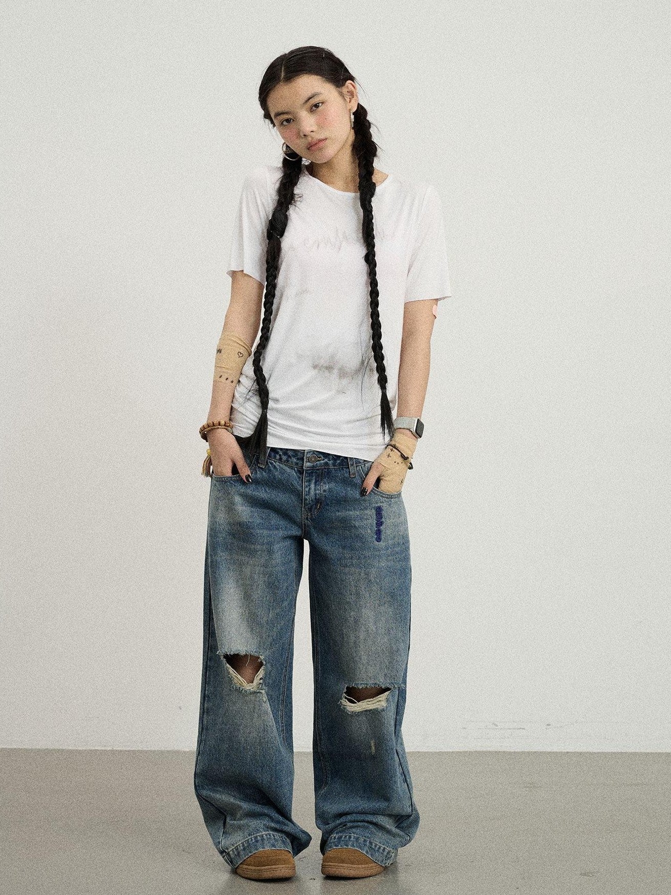 Achihara Vintage Washed Blue Double Layer Distressed Ripped Women'S Wide-Leg Jeans
