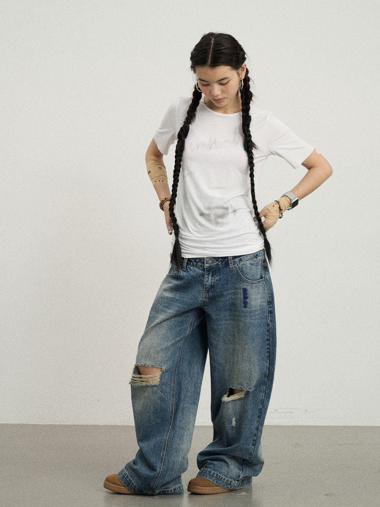 Achihara Vintage Washed Blue Double Layer Distressed Ripped Women'S Wide-Leg Jeans