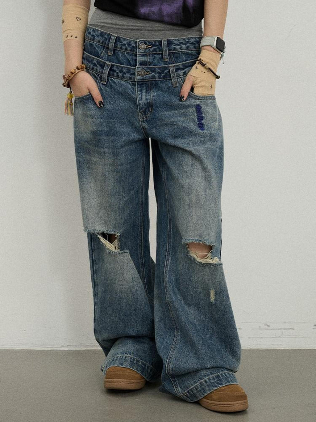Achihara Vintage Washed Blue Double Layer Distressed Ripped Women'S Wide-Leg Jeans