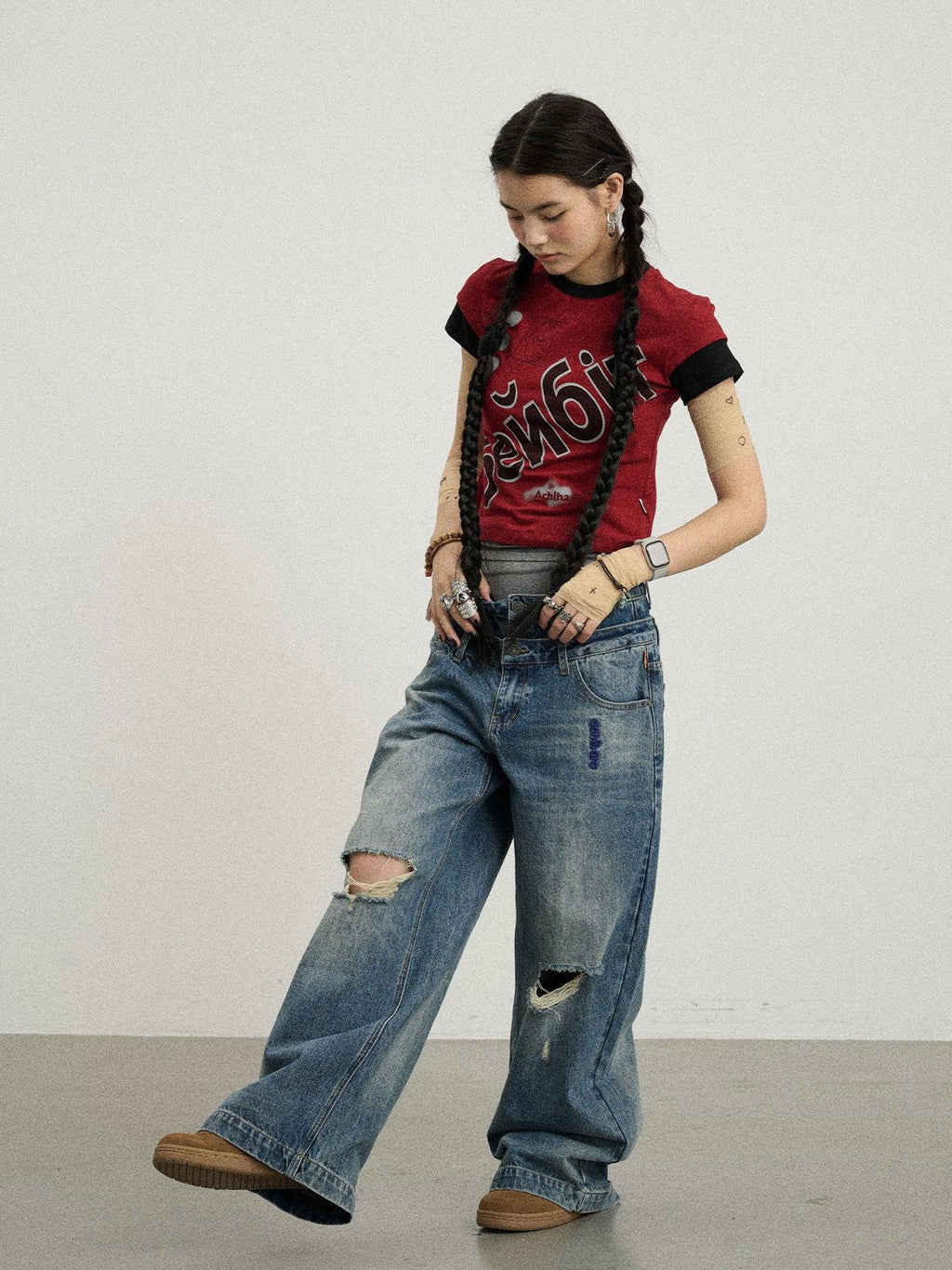 Achihara Vintage Washed Blue Double Layer Distressed Ripped Women'S Wide-Leg Jeans