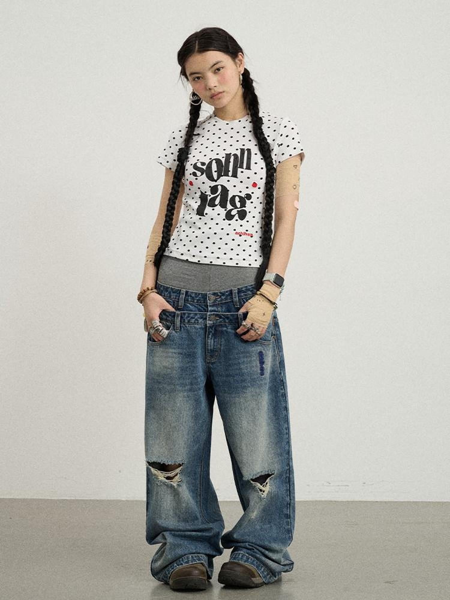 Achihara Vintage Washed Blue Double Layer Distressed Ripped Women'S Wide-Leg Jeans