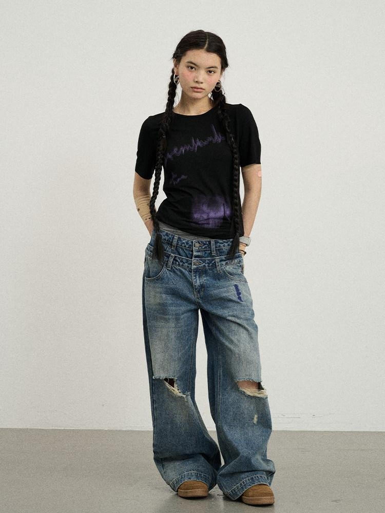 Achihara Vintage Washed Blue Double Layer Distressed Ripped Women'S Wide-Leg Jeans