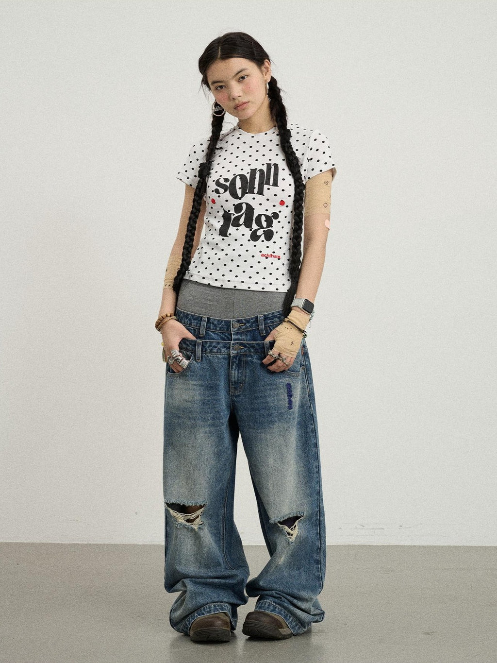 Achihara Vintage Washed Blue Double Layer Distressed Ripped Women'S Wide-Leg Jeans
