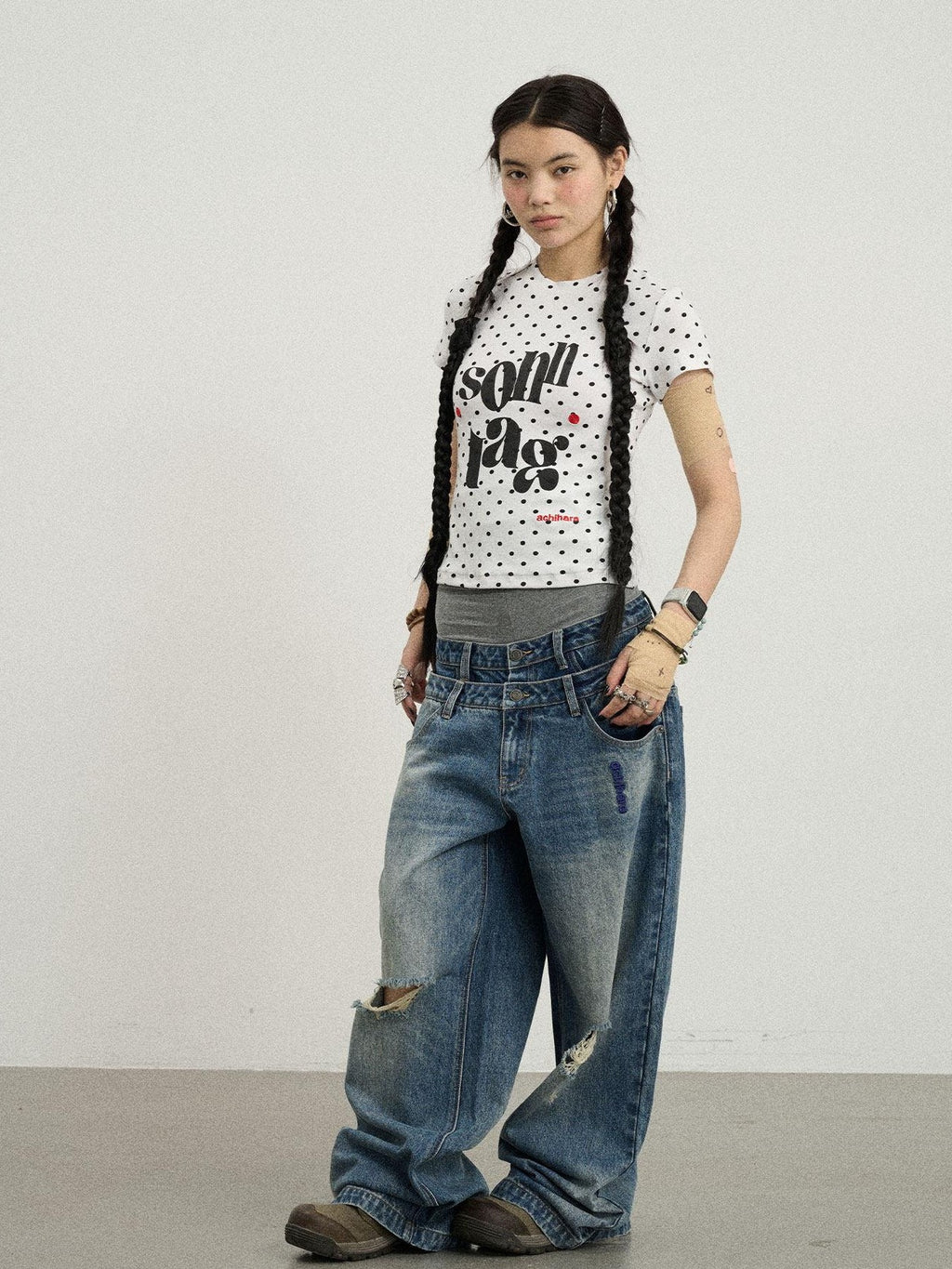 Achihara Vintage Washed Blue Double Layer Distressed Ripped Women'S Wide-Leg Jeans