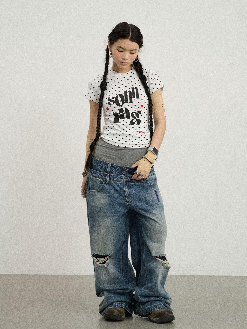 Achihara Vintage Washed Blue Double Layer Distressed Ripped Women'S Wide-Leg Jeans