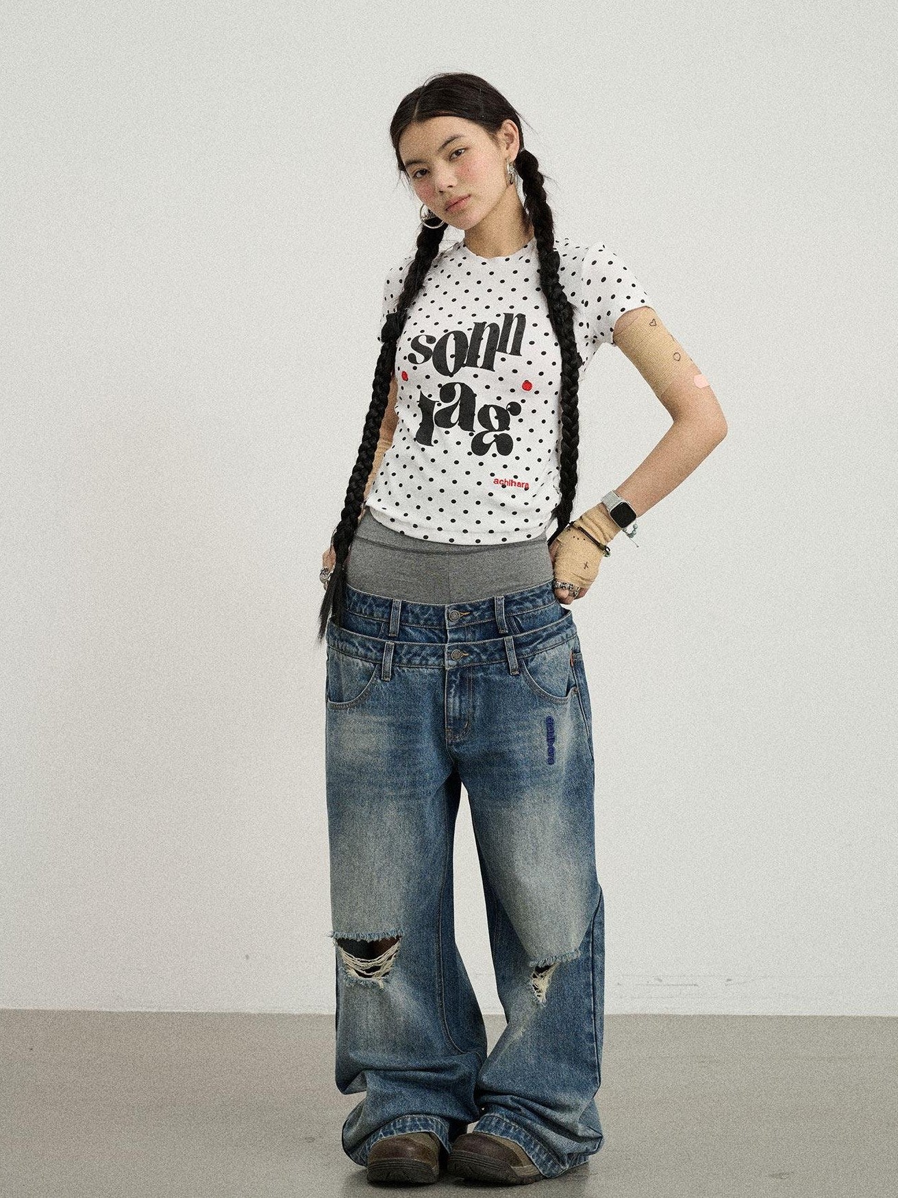 Achihara Vintage Washed Blue Double Layer Distressed Ripped Women'S Wide-Leg Jeans