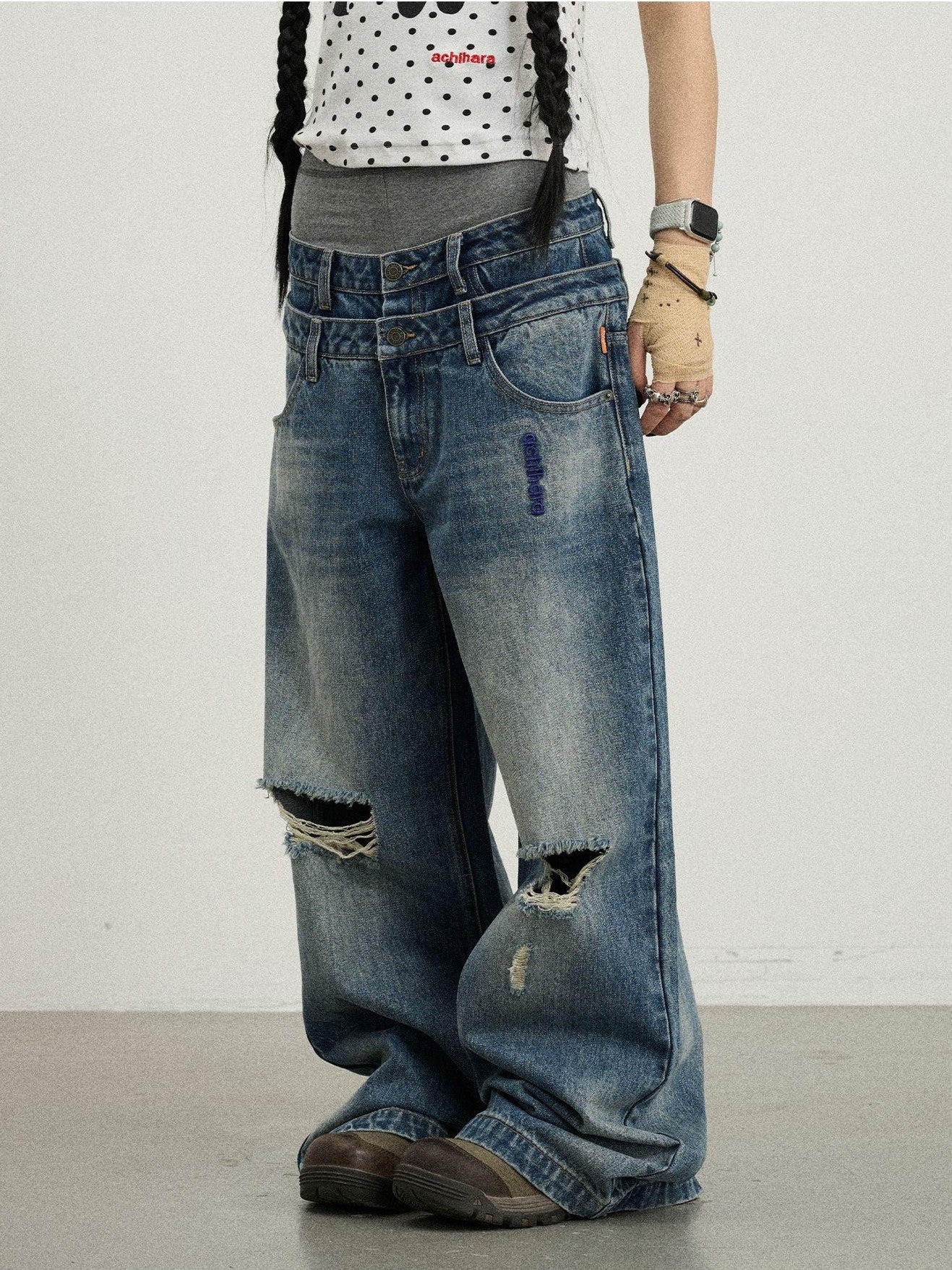 Achihara Vintage Washed Blue Double Layer Distressed Ripped Women'S Wide-Leg Jeans