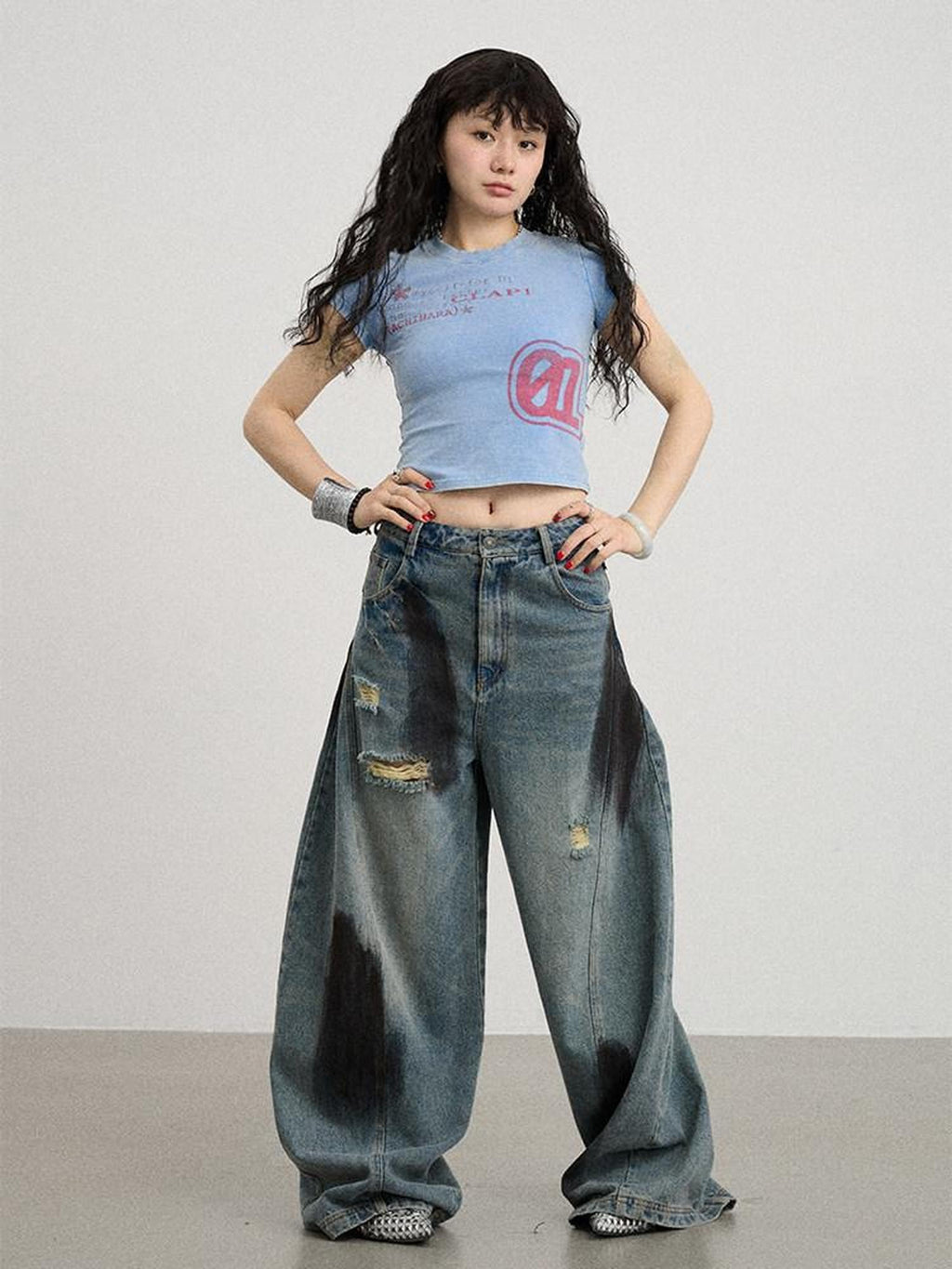 Achihara Washed Asterisk Print Cropped Slim Women'S Cotton Blend Short Sleeve T-Shirts