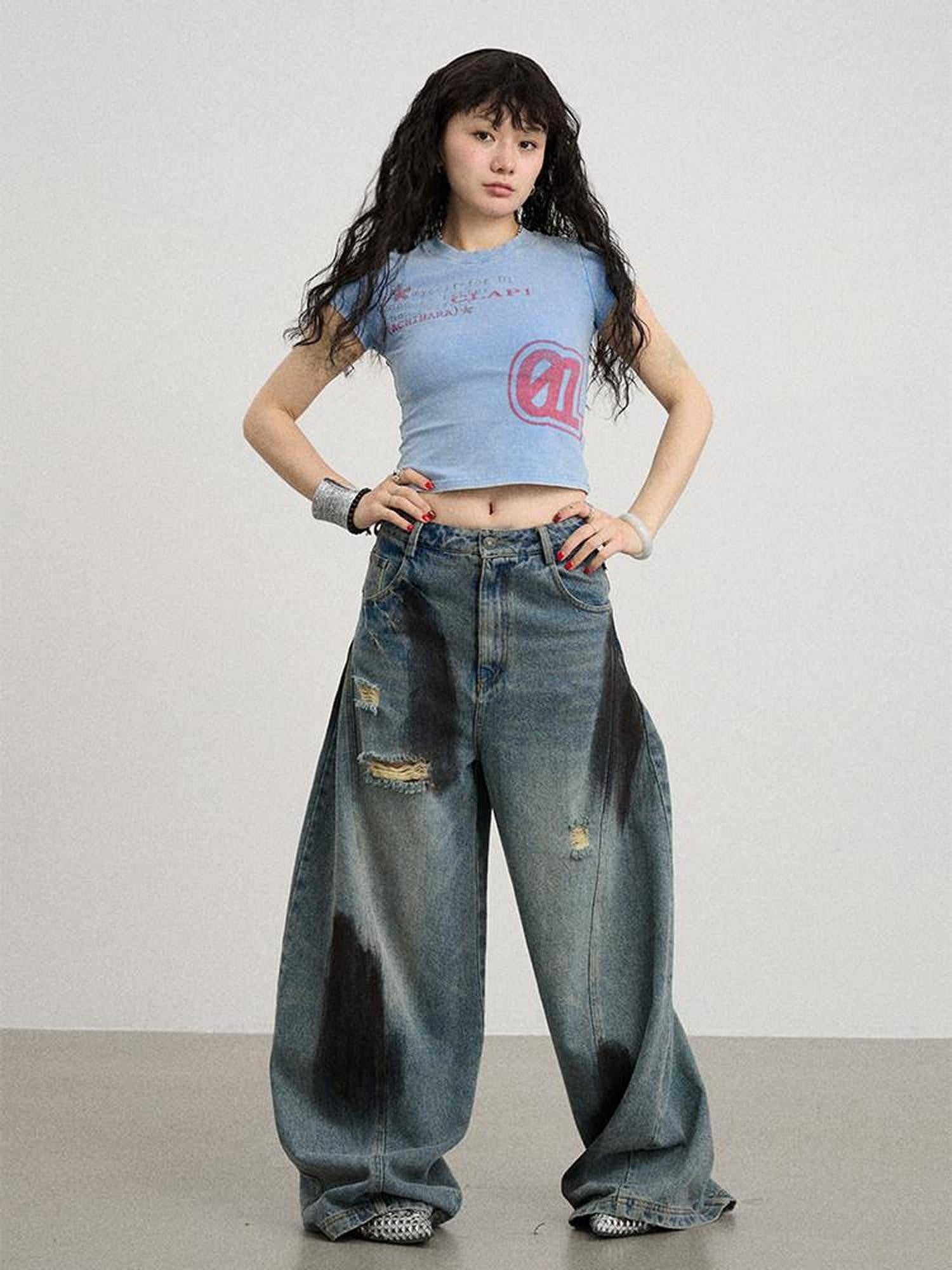 Achihara Washed Asterisk Print Cropped Slim Women'S Cotton Blend Short Sleeve T-Shirts