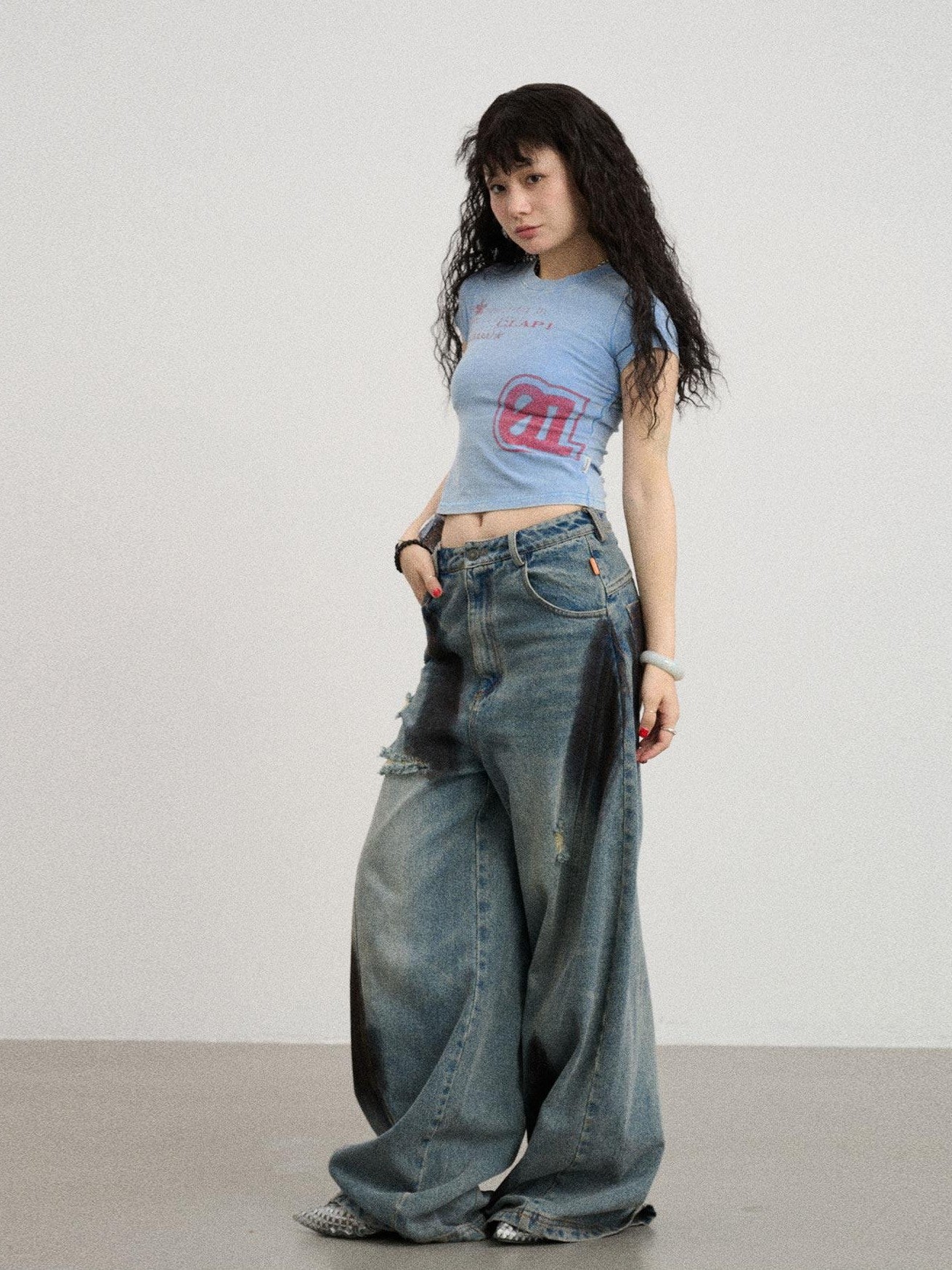 Achihara Washed Asterisk Print Cropped Slim Women'S Cotton Blend Short Sleeve T-Shirts