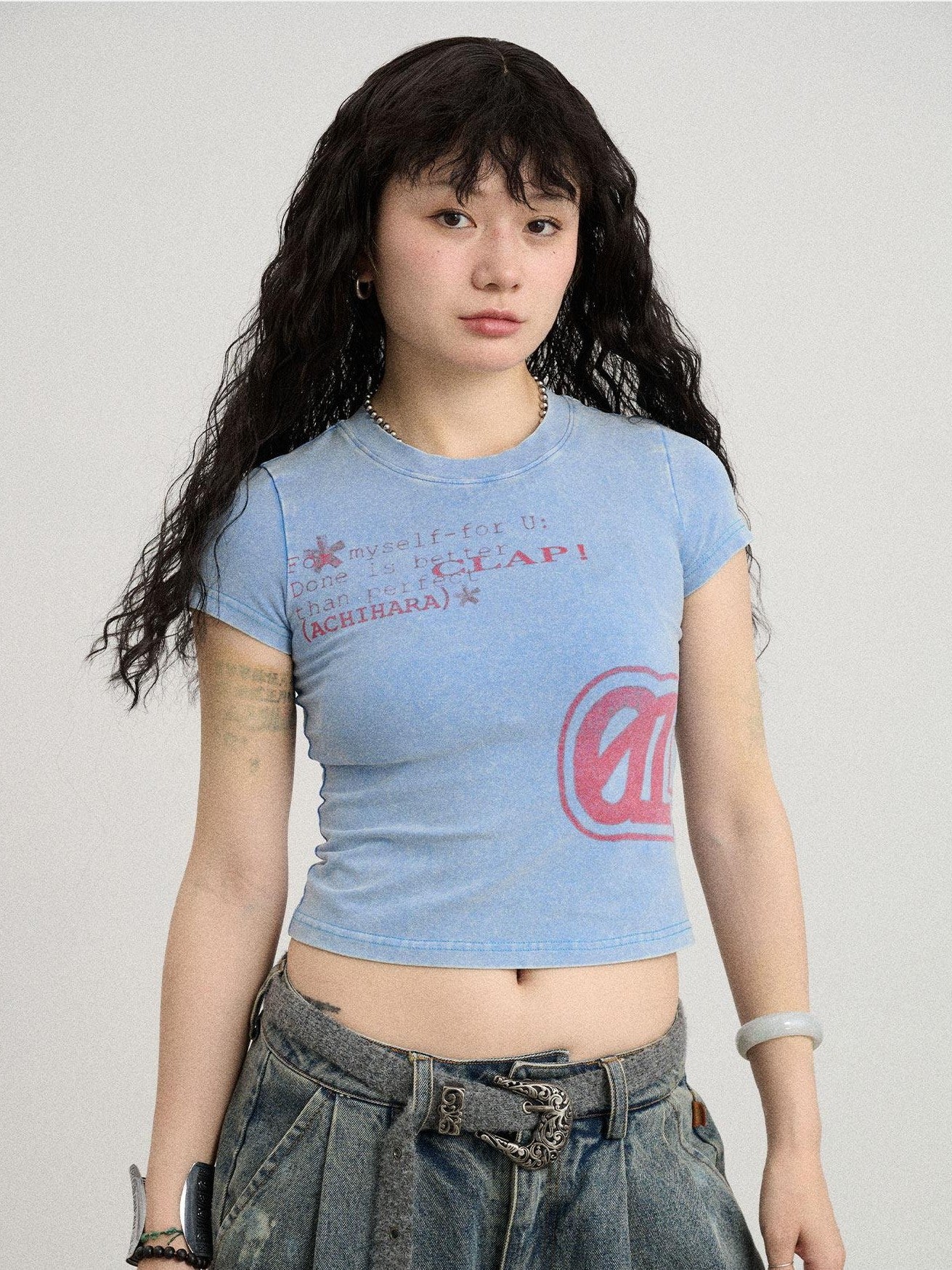 Achihara Washed Asterisk Print Cropped Slim Women'S Cotton Blend Short Sleeve T-Shirts