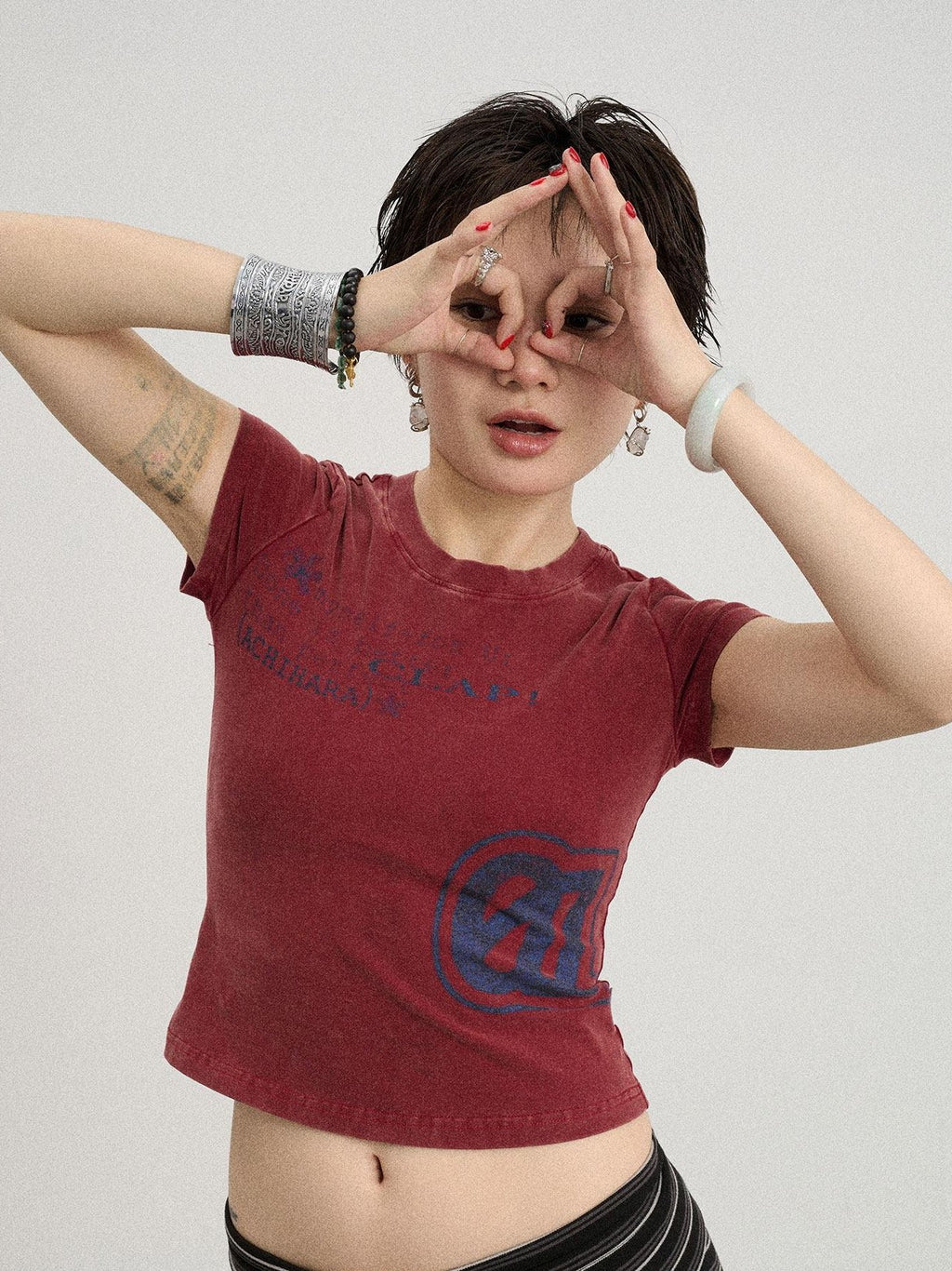 Achihara Washed Asterisk Print Cropped Slim Women'S Cotton Blend Short Sleeve T-Shirts