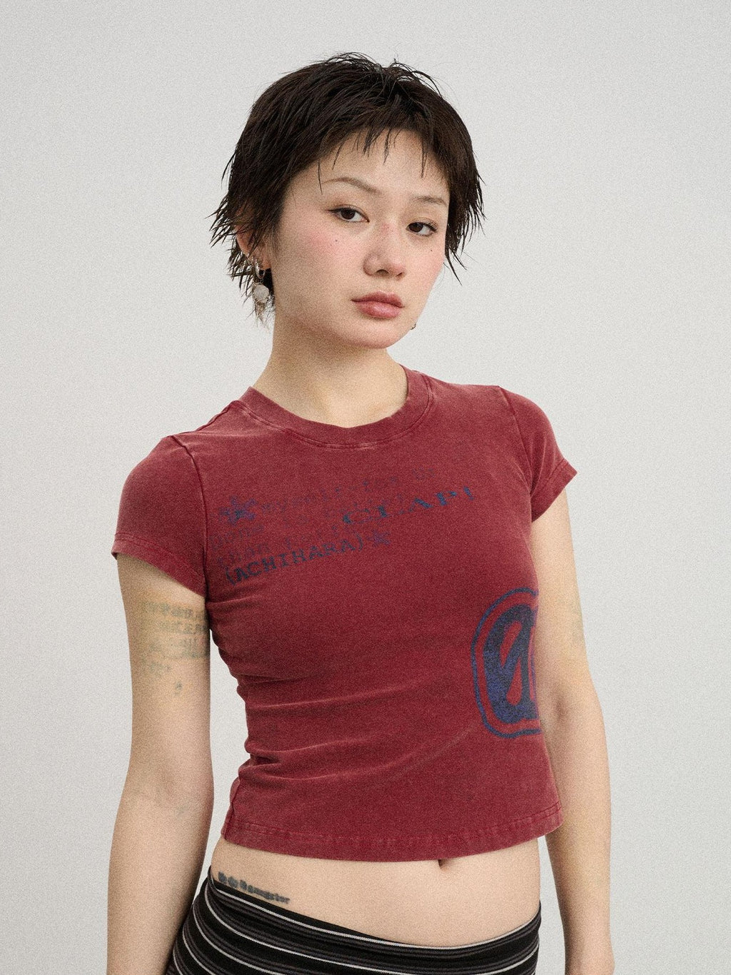 Achihara Washed Asterisk Print Cropped Slim Women'S Cotton Blend Short Sleeve T-Shirts