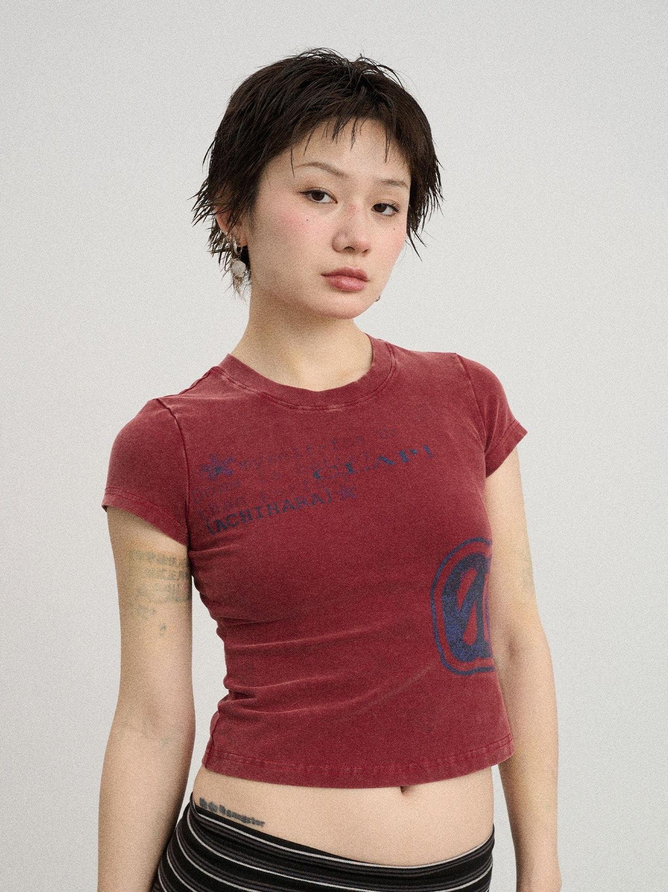 Achihara Washed Asterisk Print Cropped Slim Women'S Cotton Blend Short Sleeve T-Shirts