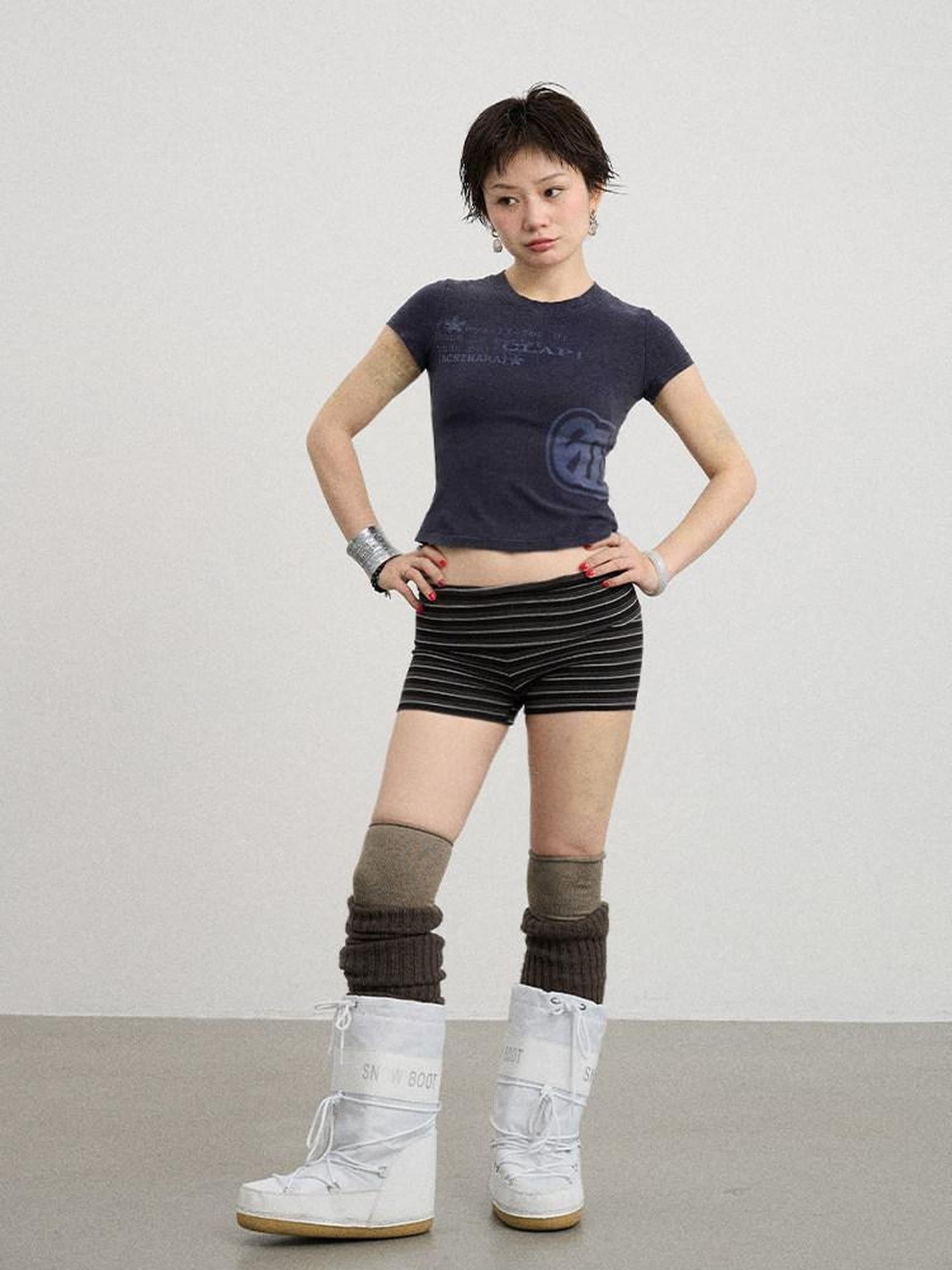 Achihara Washed Asterisk Print Cropped Slim Women'S Cotton Blend Short Sleeve T-Shirts