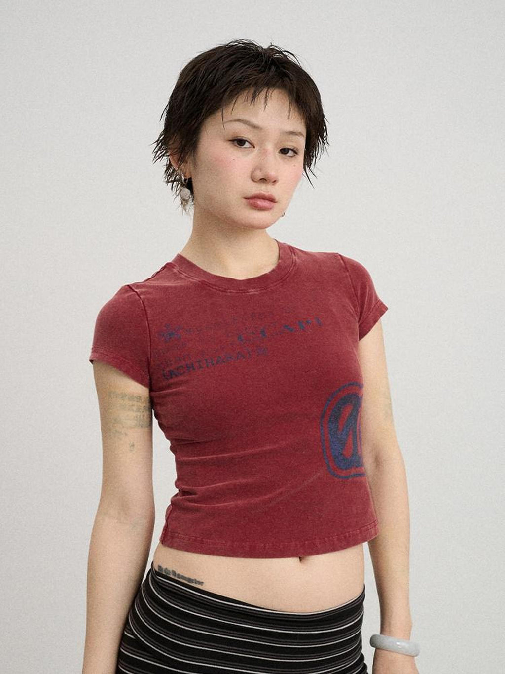 Achihara Washed Asterisk Print Cropped Slim Women'S Cotton Blend Short Sleeve T-Shirts