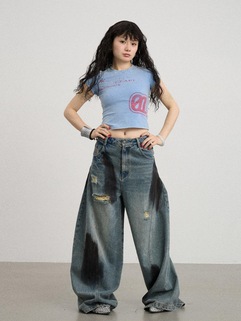 Achihara Washed Asterisk Print Cropped Slim Women'S Cotton Blend Short Sleeve T-Shirts