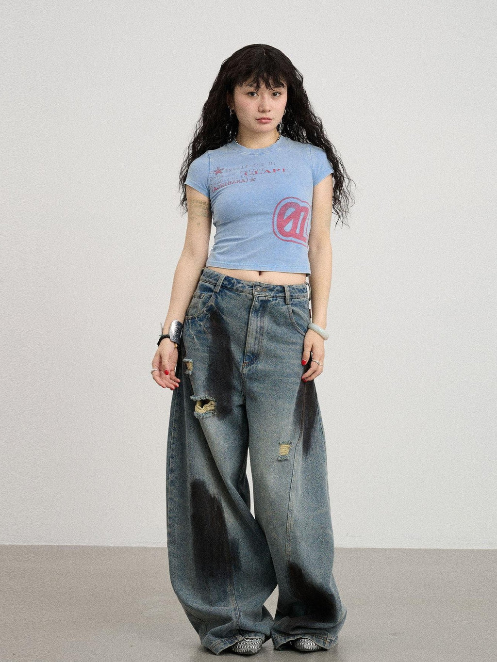 Achihara Washed Asterisk Print Cropped Slim Women'S Cotton Blend Short Sleeve T-Shirts