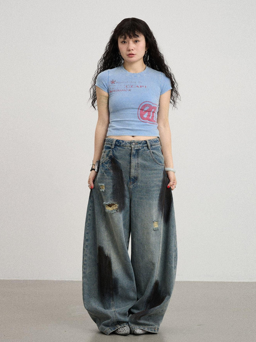 Achihara Washed Asterisk Print Cropped Slim Women'S Cotton Blend Short Sleeve T-Shirts