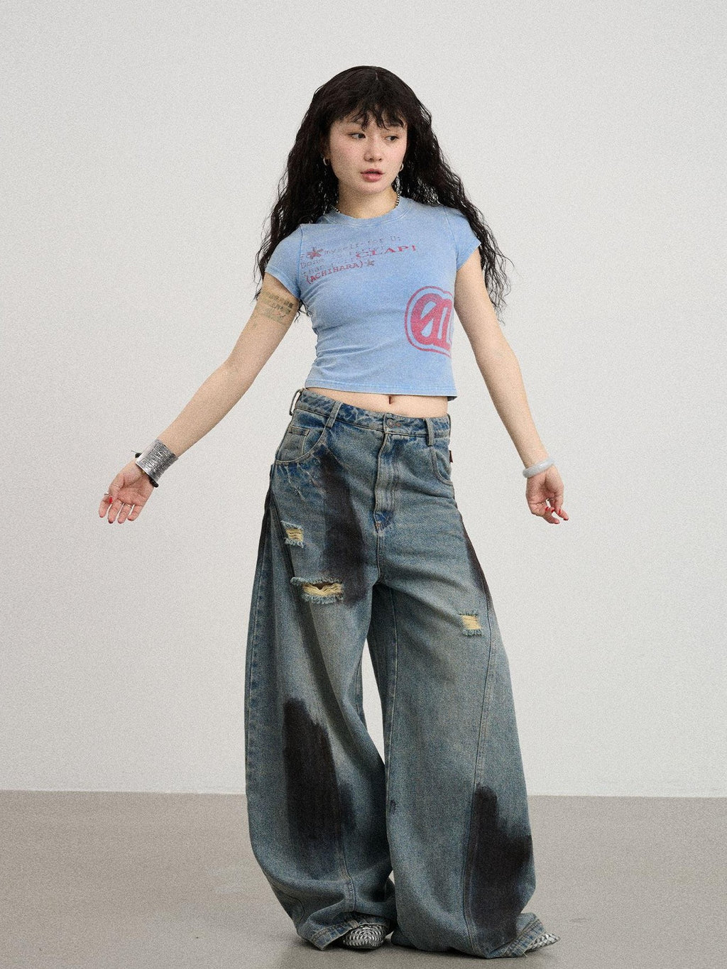 Achihara Washed Asterisk Print Cropped Slim Women'S Cotton Blend Short Sleeve T-Shirts