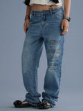Achihara Washed Blue Distressed Lettering Print Women'S Cotton Wide-Leg Jeans