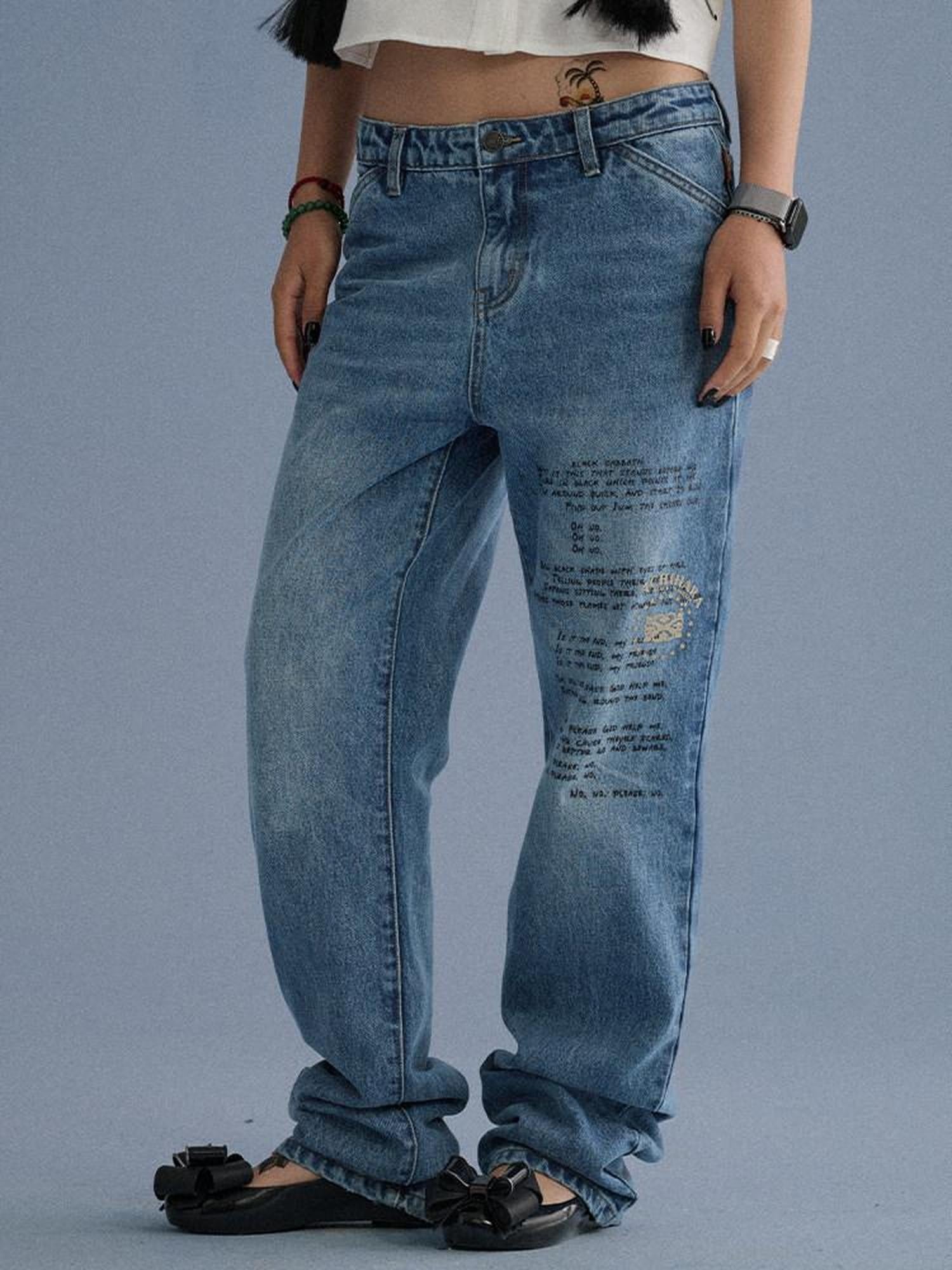 Achihara Washed Blue Distressed Lettering Print Women'S Cotton Wide-Leg Jeans