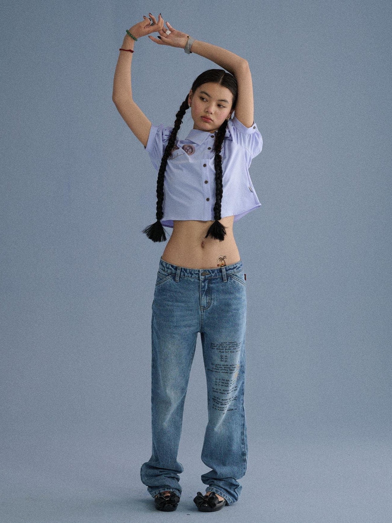 Achihara Washed Blue Distressed Lettering Print Women'S Cotton Wide-Leg Jeans
