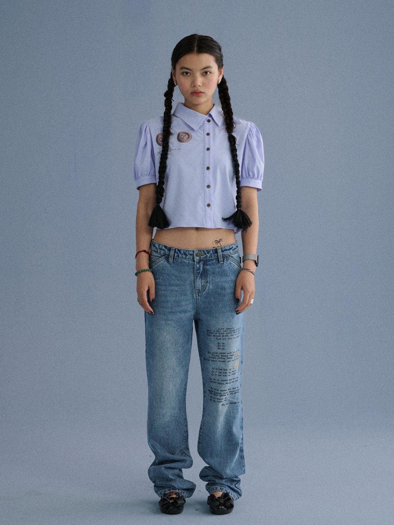 Achihara Washed Blue Distressed Lettering Print Women'S Cotton Wide-Leg Jeans