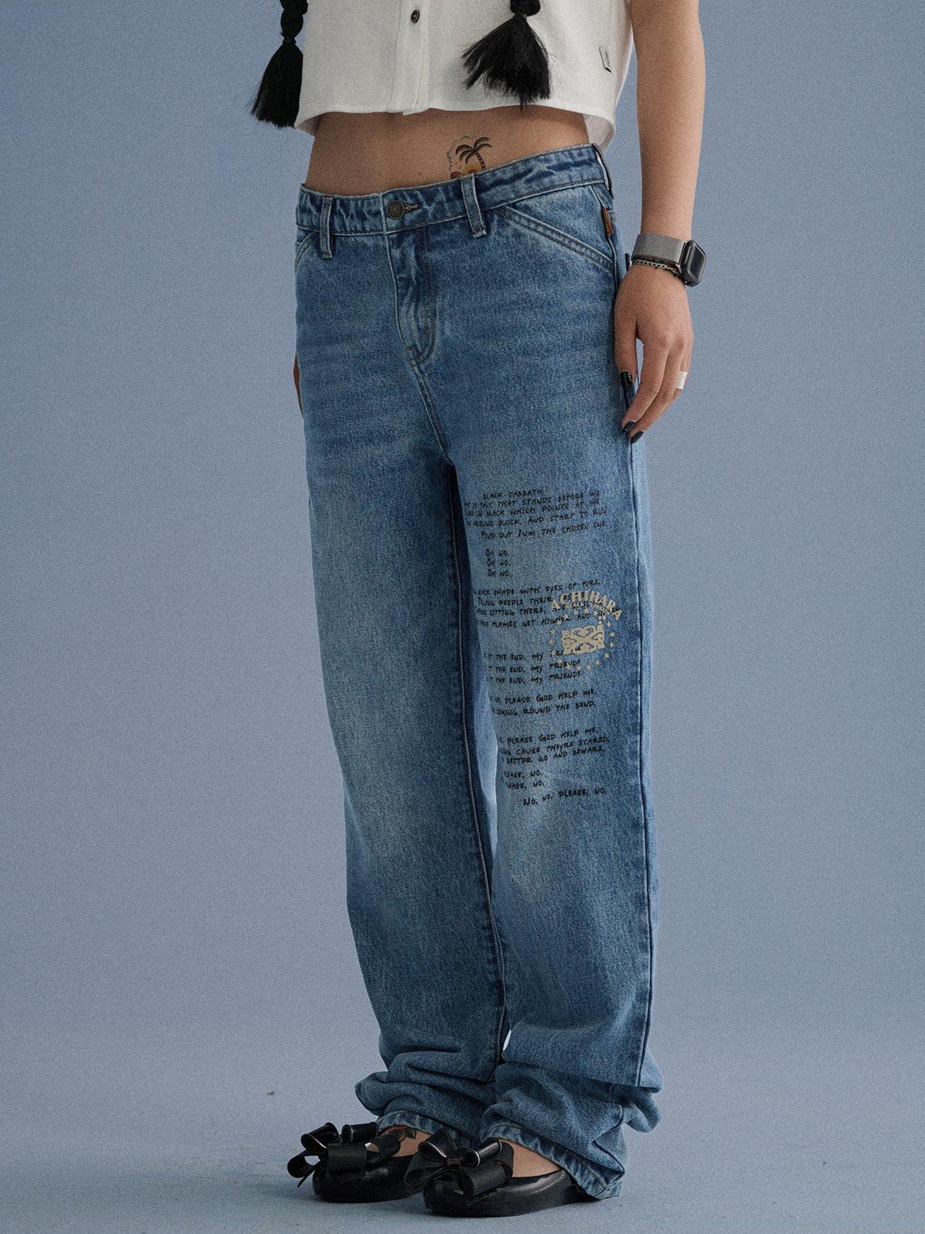 Achihara Washed Blue Distressed Lettering Print Women'S Cotton Wide-Leg Jeans
