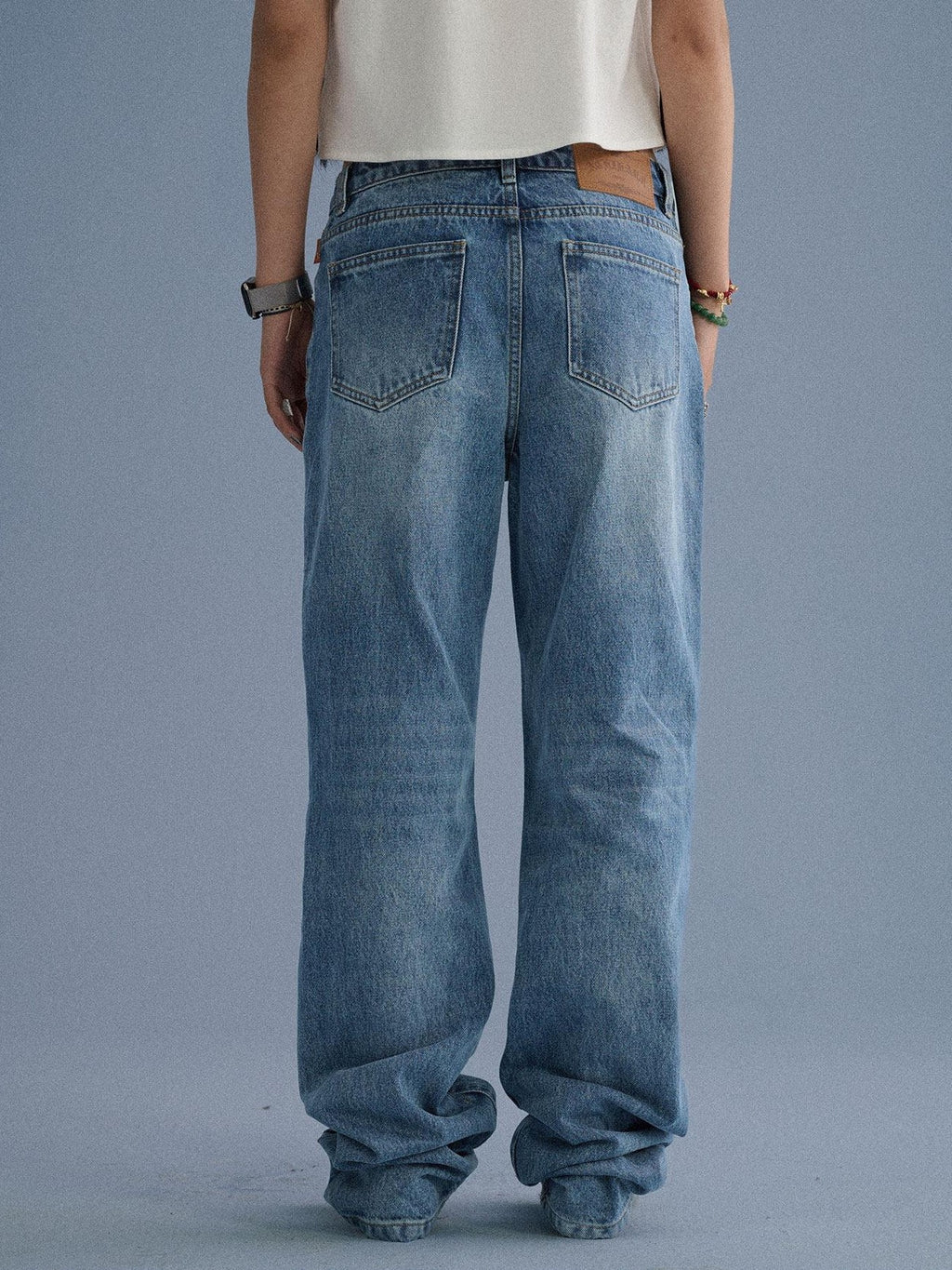 Achihara Washed Blue Distressed Lettering Print Women'S Cotton Wide-Leg Jeans