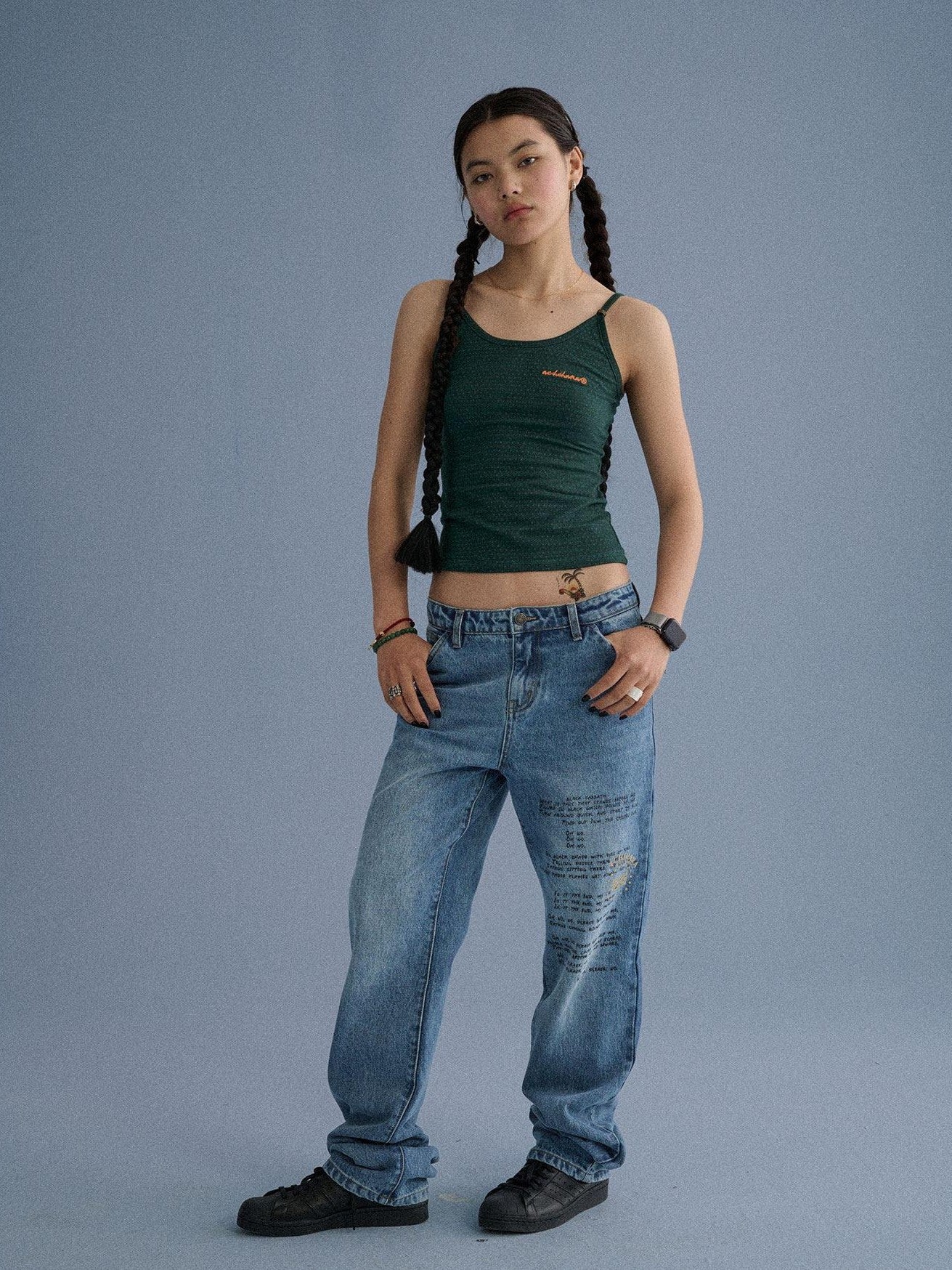 Achihara Washed Blue Distressed Lettering Print Women'S Cotton Wide-Leg Jeans
