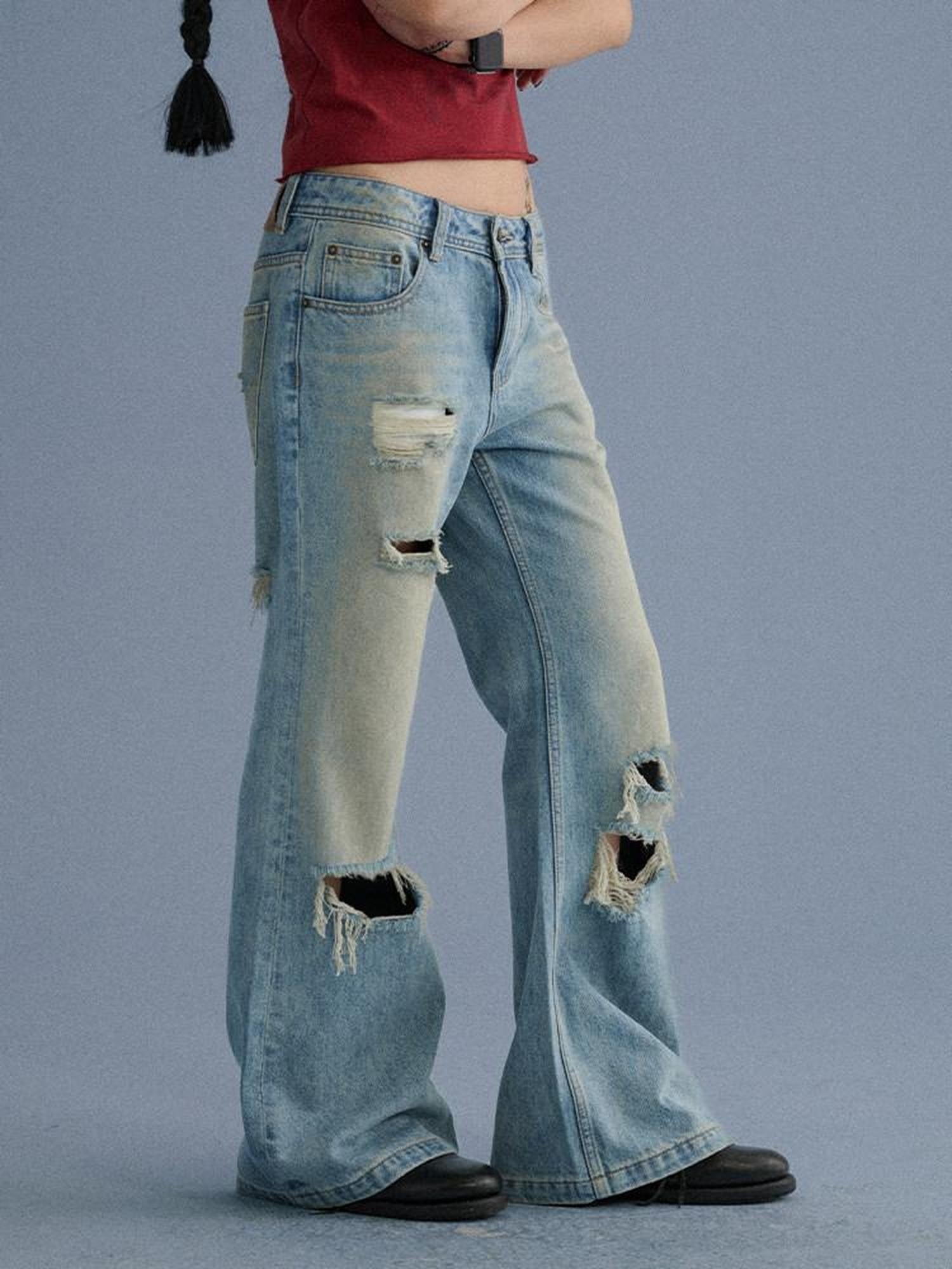 Achihara Washed Distressed Slight Flare Low Waist Women'S Denim Straight-Leg Jeans