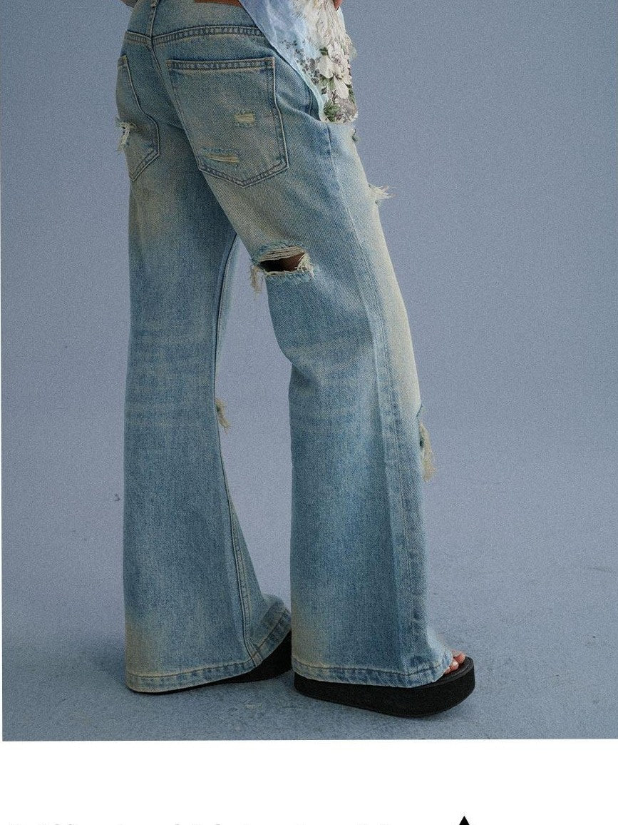 Achihara Washed Distressed Slight Flare Low Waist Women'S Denim Straight-Leg Jeans