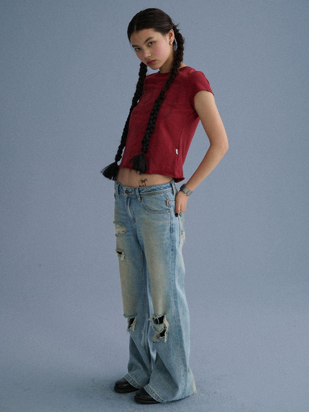 Achihara Washed Distressed Slight Flare Low Waist Women'S Denim Straight-Leg Jeans