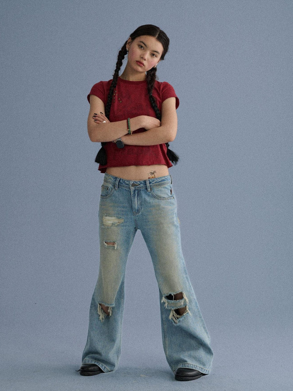 Achihara Washed Distressed Slight Flare Low Waist Women'S Denim Straight-Leg Jeans