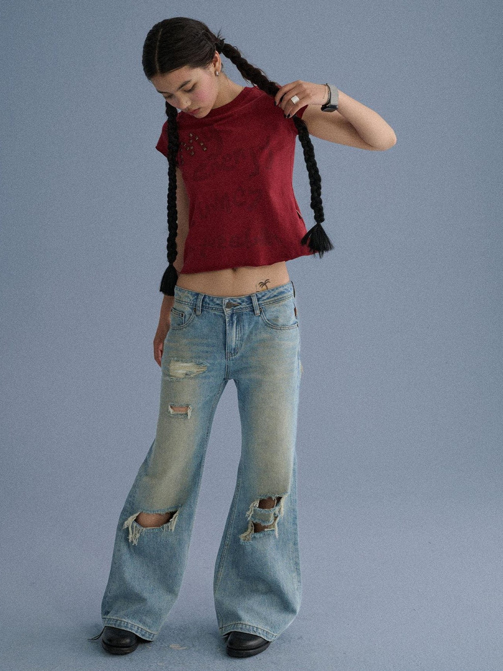 Achihara Washed Distressed Slight Flare Low Waist Women'S Denim Straight-Leg Jeans