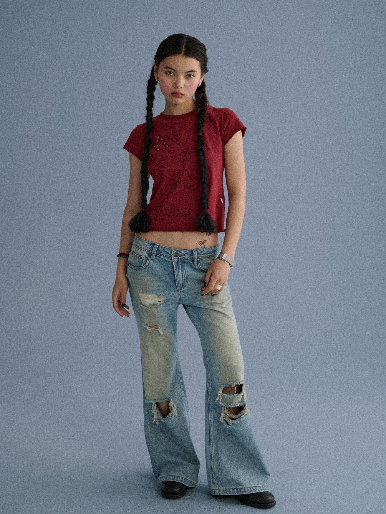 Achihara Washed Distressed Slight Flare Low Waist Women'S Denim Straight-Leg Jeans