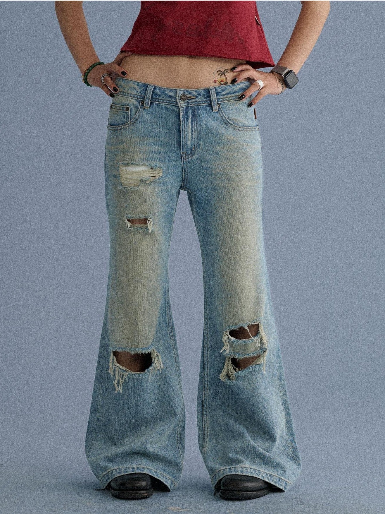 Achihara Washed Distressed Slight Flare Low Waist Women'S Denim Straight-Leg Jeans