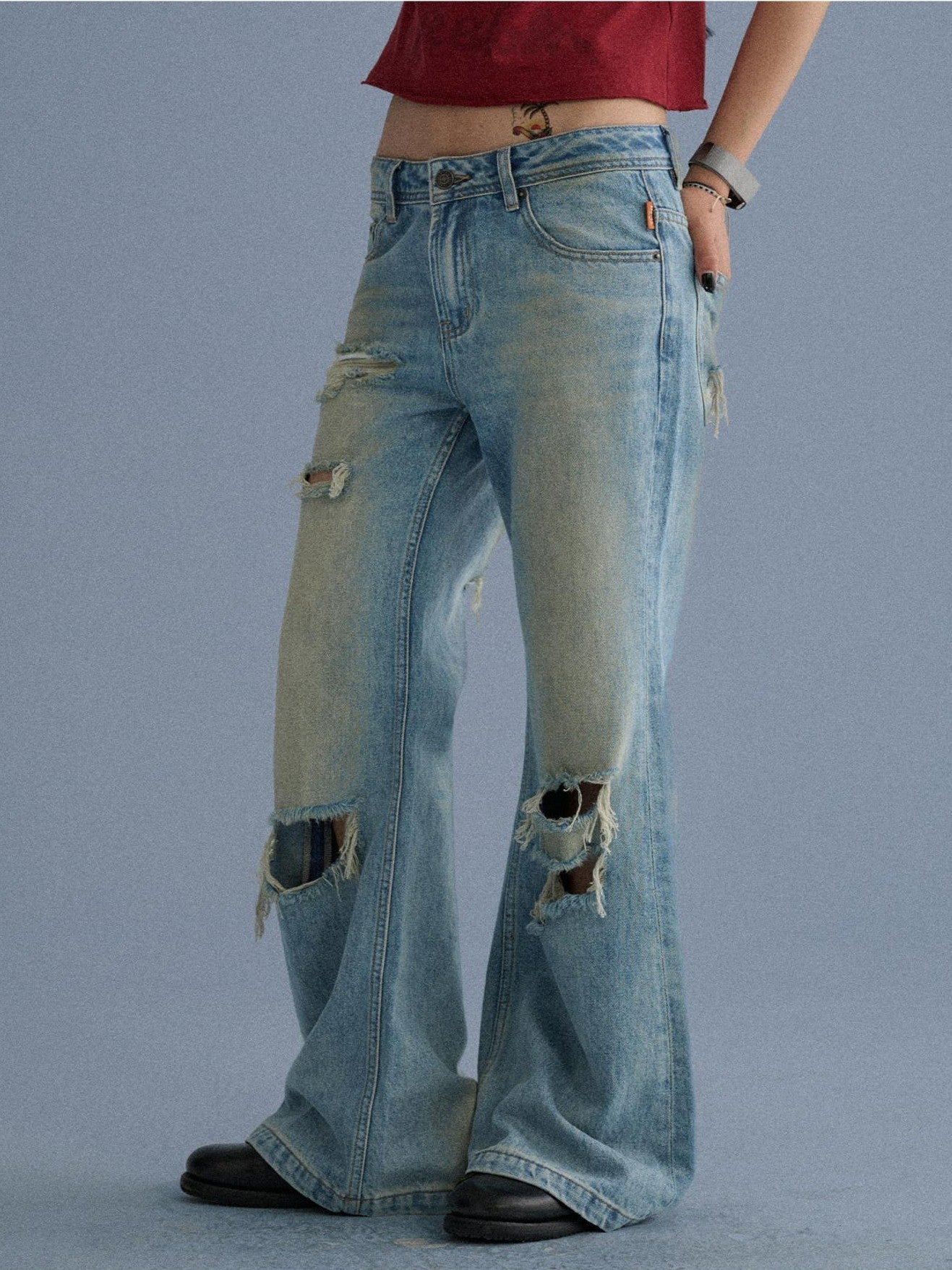 Achihara Washed Distressed Slight Flare Low Waist Women'S Denim Straight-Leg Jeans