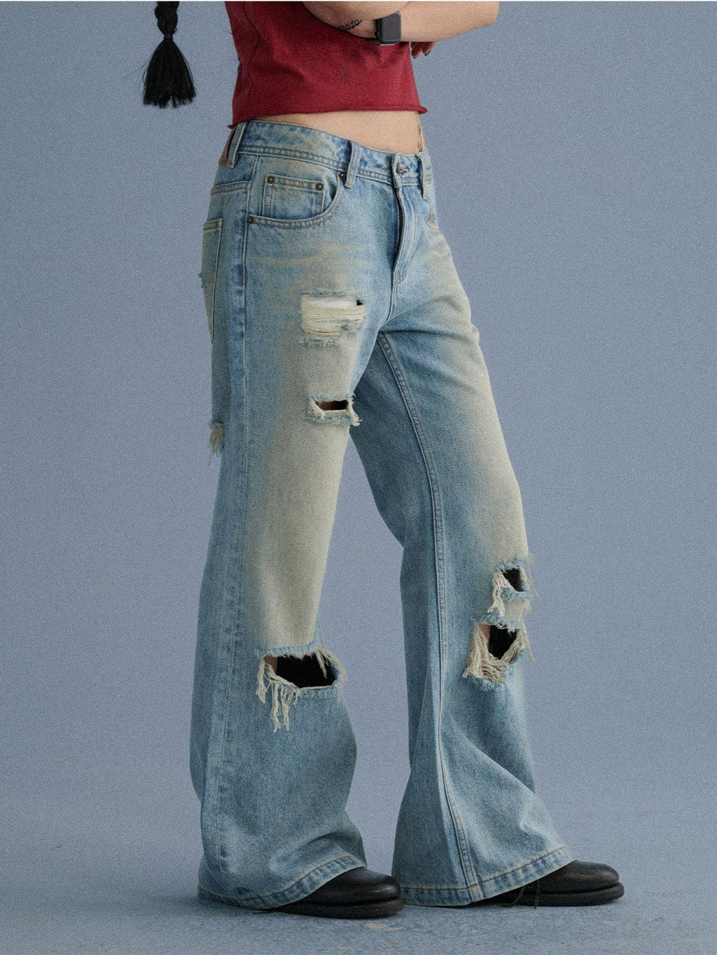 Achihara Washed Distressed Slight Flare Low Waist Women'S Denim Straight-Leg Jeans