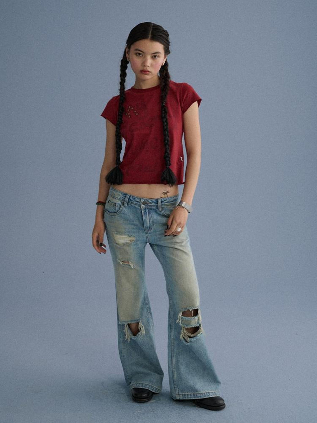 Achihara Washed Distressed Slight Flare Low Waist Women'S Denim Straight-Leg Jeans