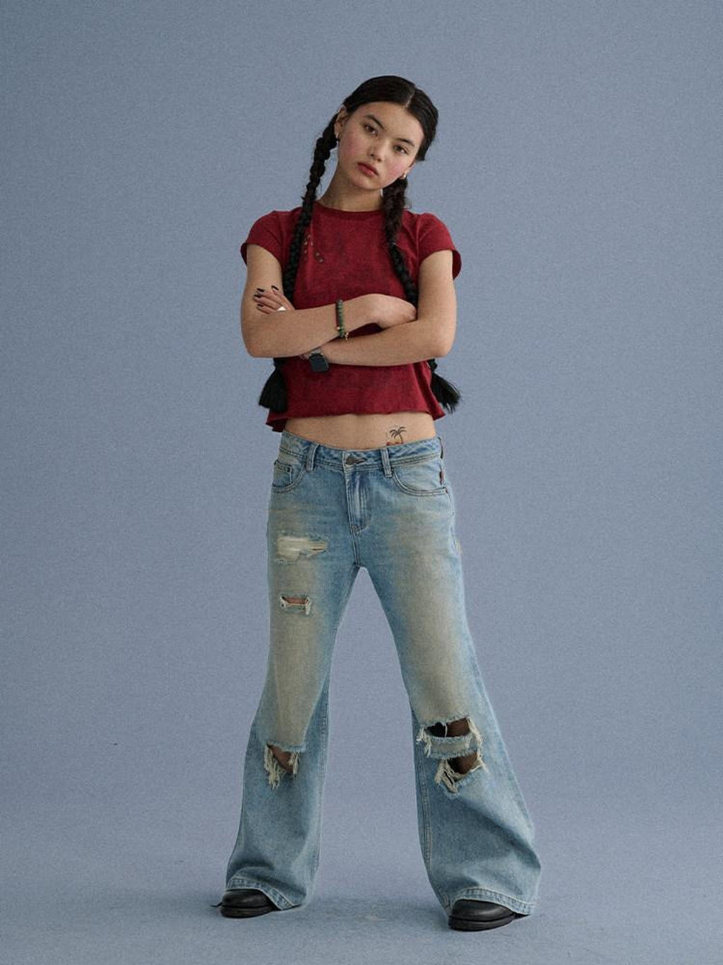 Achihara Washed Distressed Slight Flare Low Waist Women'S Denim Straight-Leg Jeans
