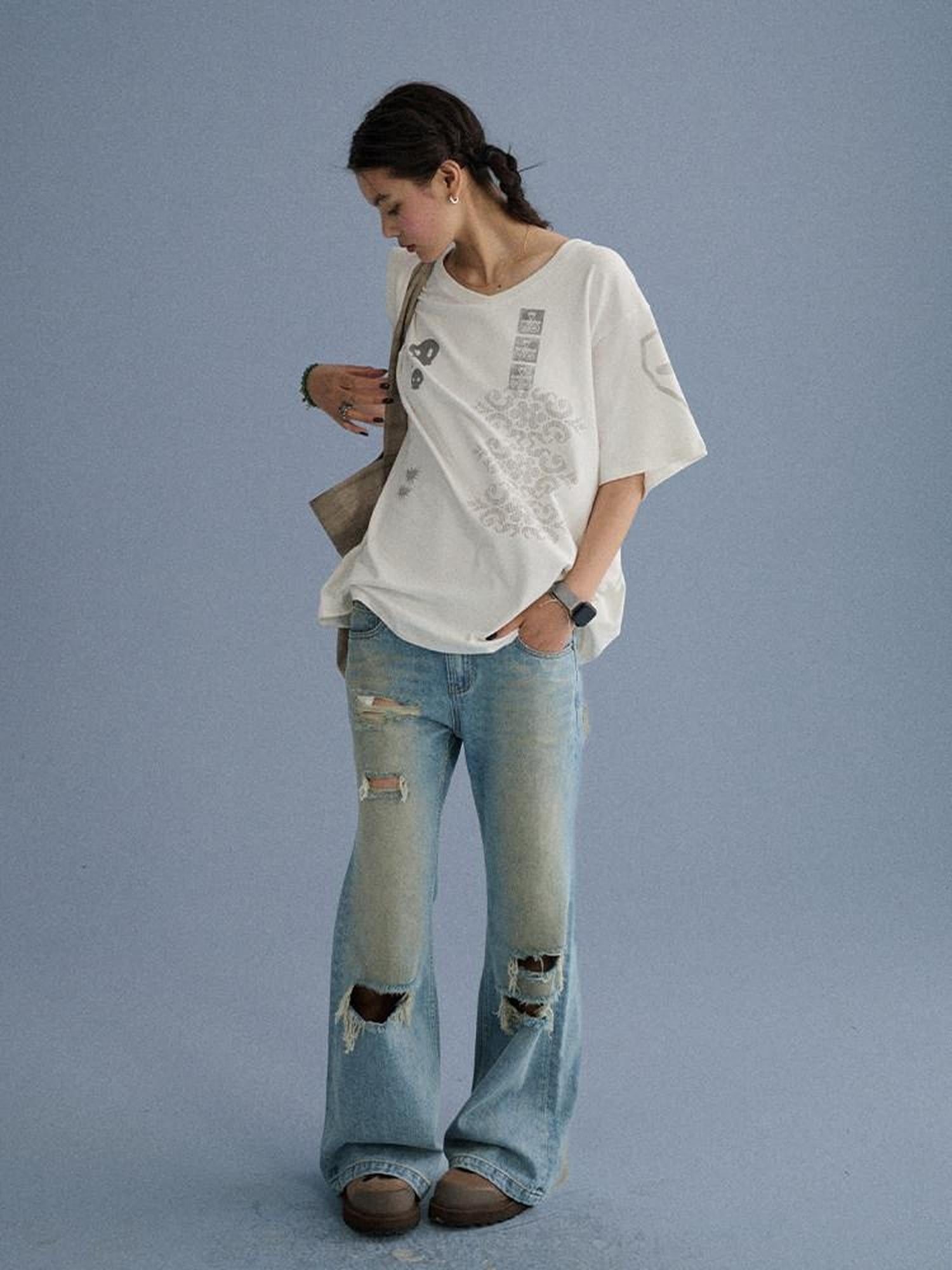 Achihara Washed Distressed Slight Flare Low Waist Women'S Denim Straight-Leg Jeans