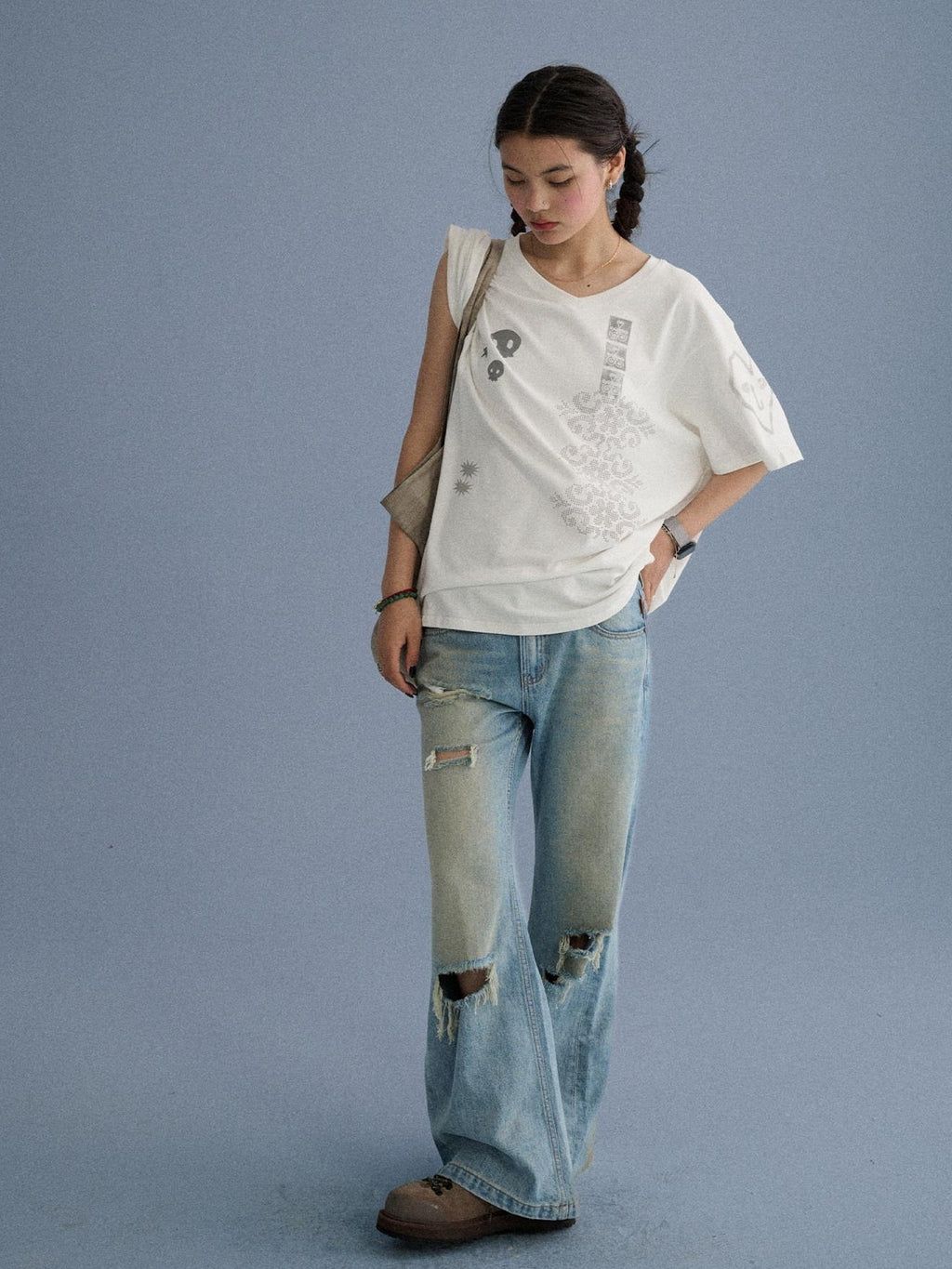 Achihara Washed Distressed Slight Flare Low Waist Women'S Denim Straight-Leg Jeans