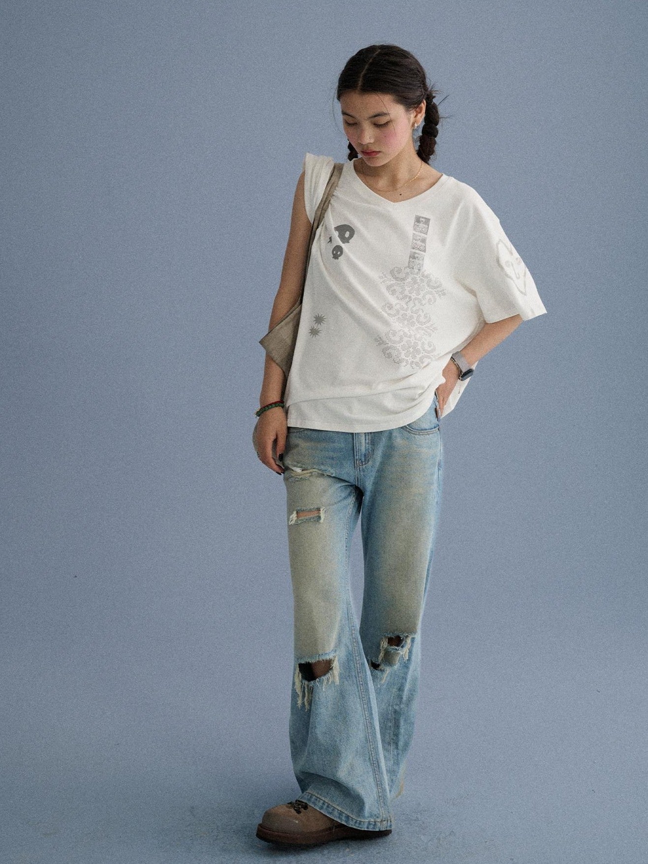 Achihara Washed Distressed Slight Flare Low Waist Women'S Denim Straight-Leg Jeans