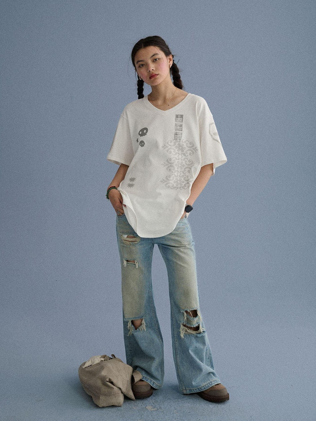 Achihara Washed Distressed Slight Flare Low Waist Women'S Denim Straight-Leg Jeans