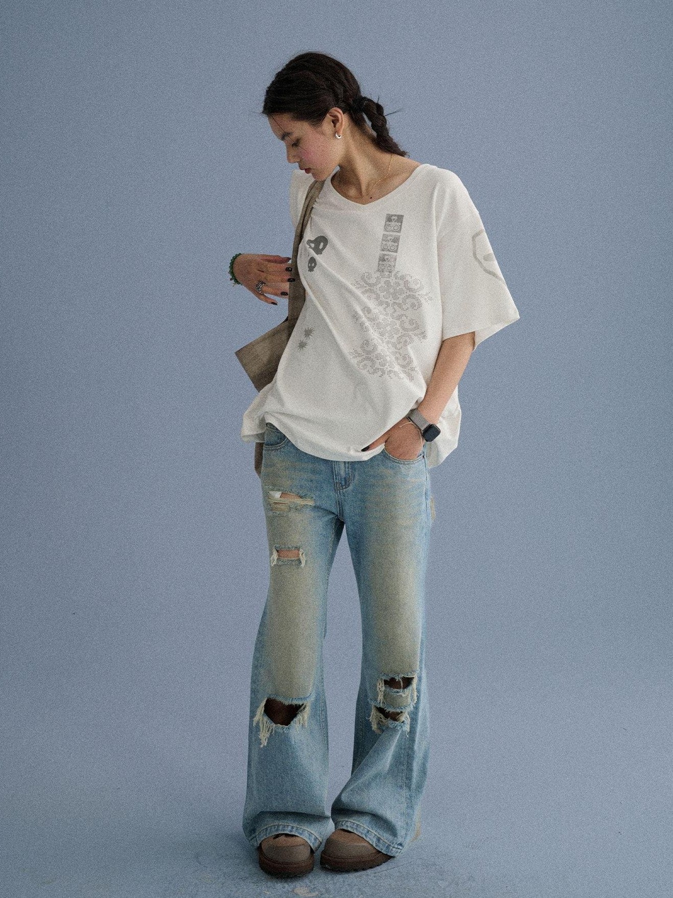 Achihara Washed Distressed Slight Flare Low Waist Women'S Denim Straight-Leg Jeans