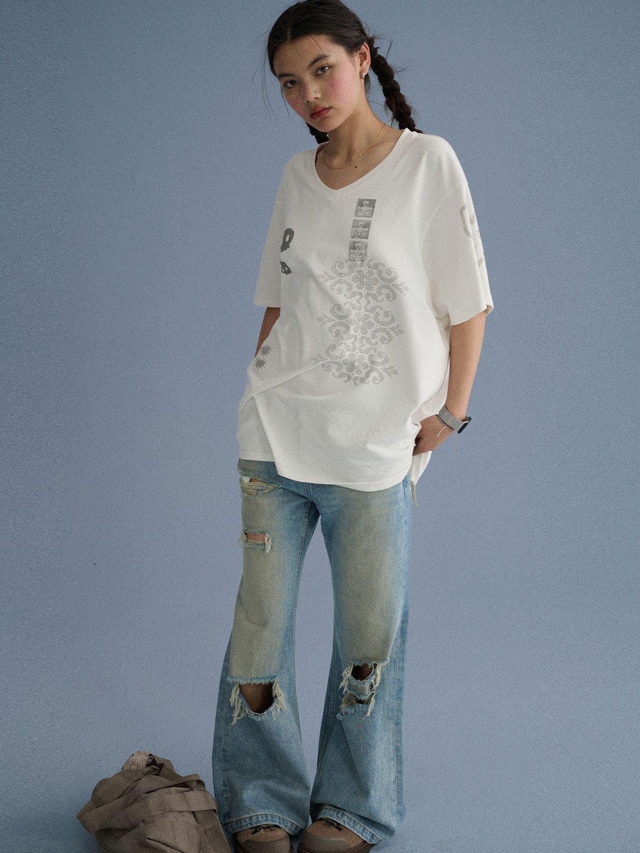 Achihara Washed Distressed Slight Flare Low Waist Women'S Denim Straight-Leg Jeans
