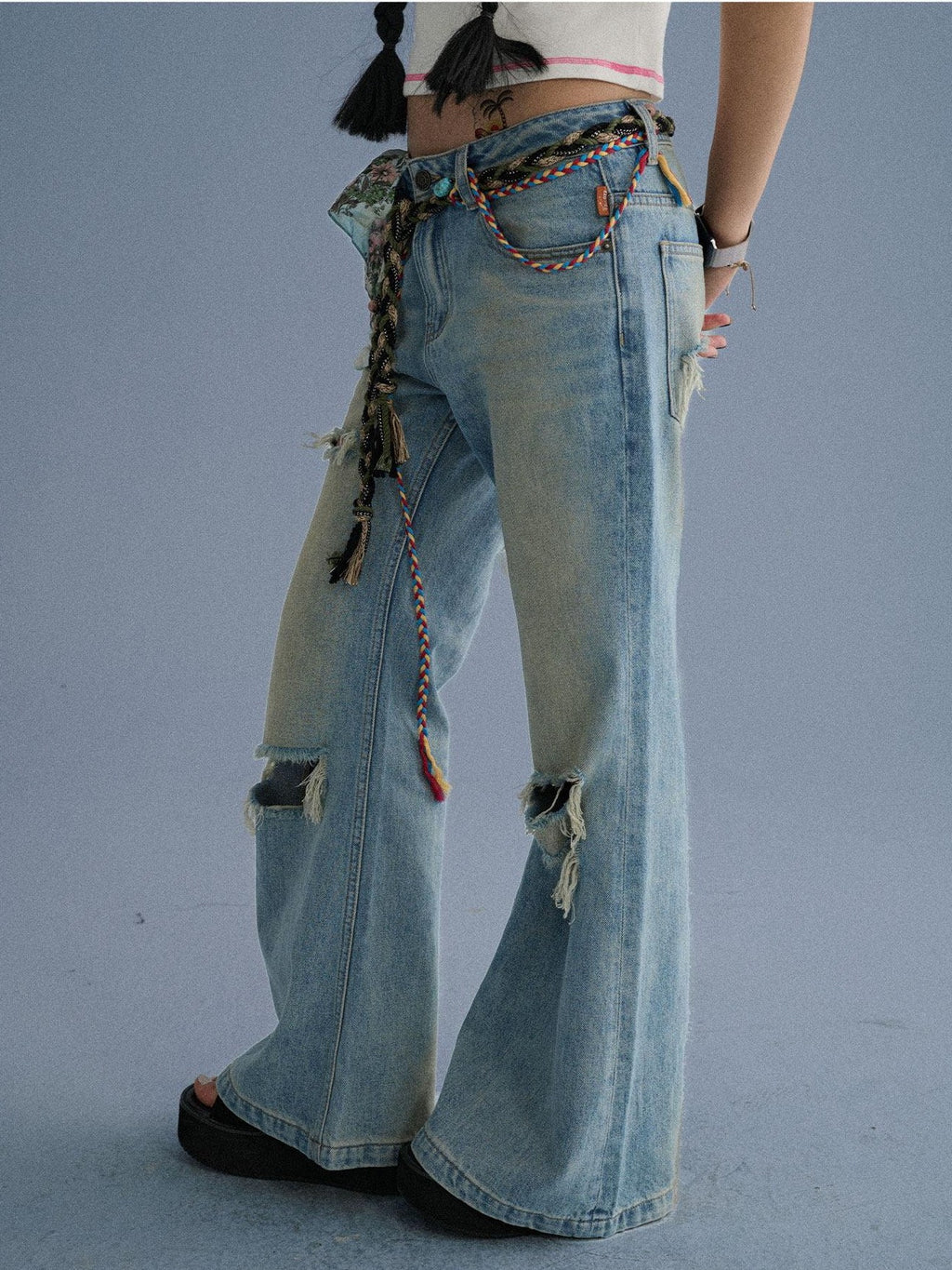 Achihara Washed Distressed Slight Flare Low Waist Women'S Denim Straight-Leg Jeans